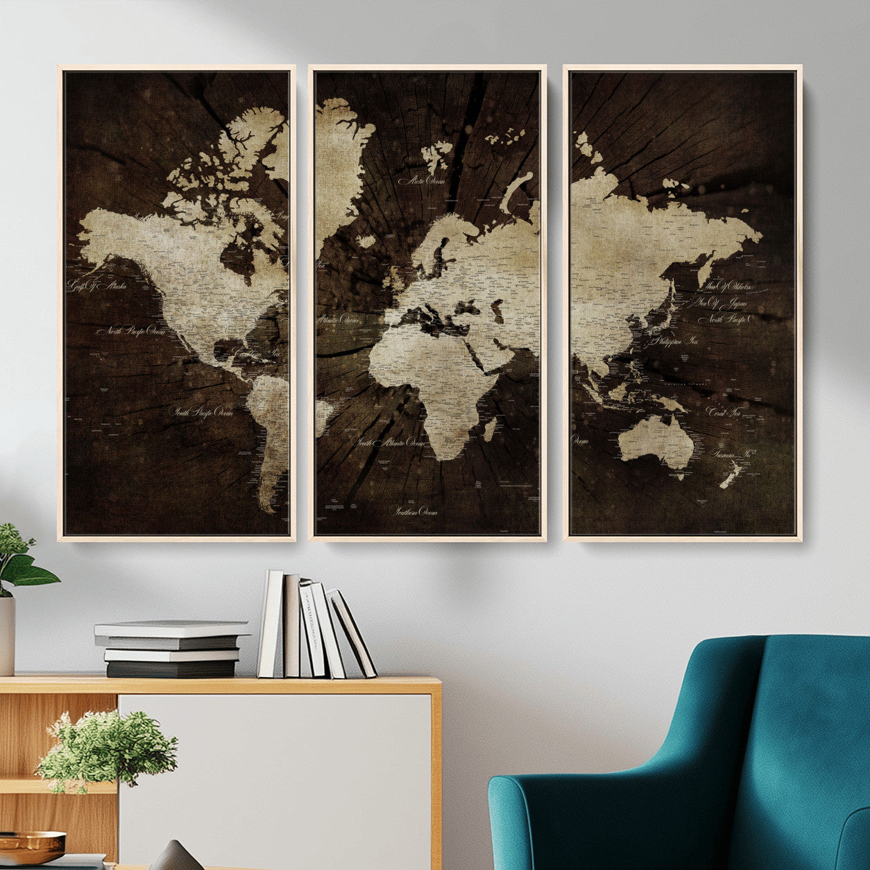 24010397-MGV-FC-48X32-3P - World Map Wall Art Canvas Print, Modern Decorative Framed Map Artwork Prints for Living Room, Office, Bedroom Wall Decor