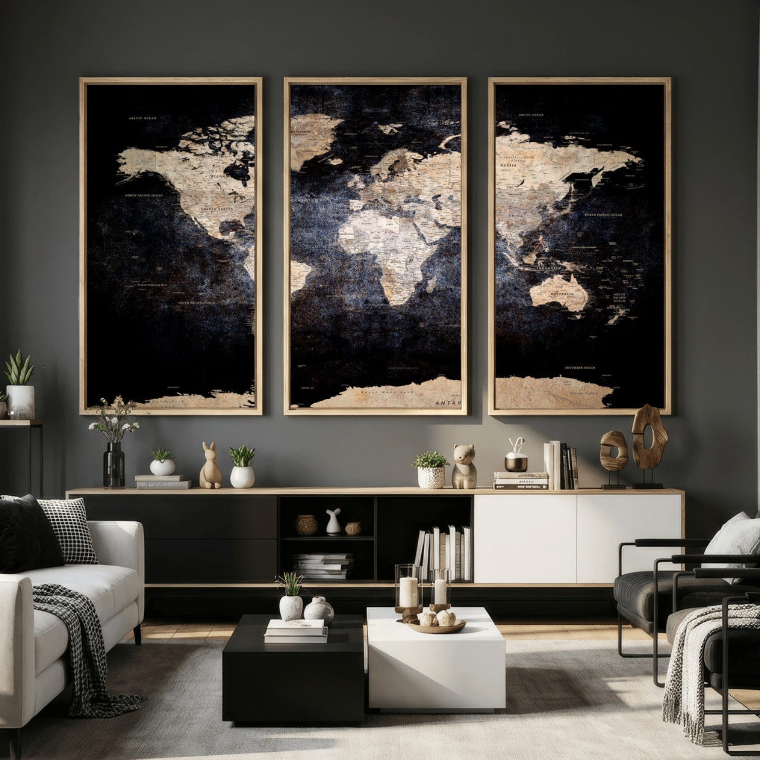 56713386-MGV-CV-36X24 - World Map Wall Art Canvas Print, Modern Decorative Framed Map Artwork Prints for Living Room, Office, Bedroom Wall Decor
