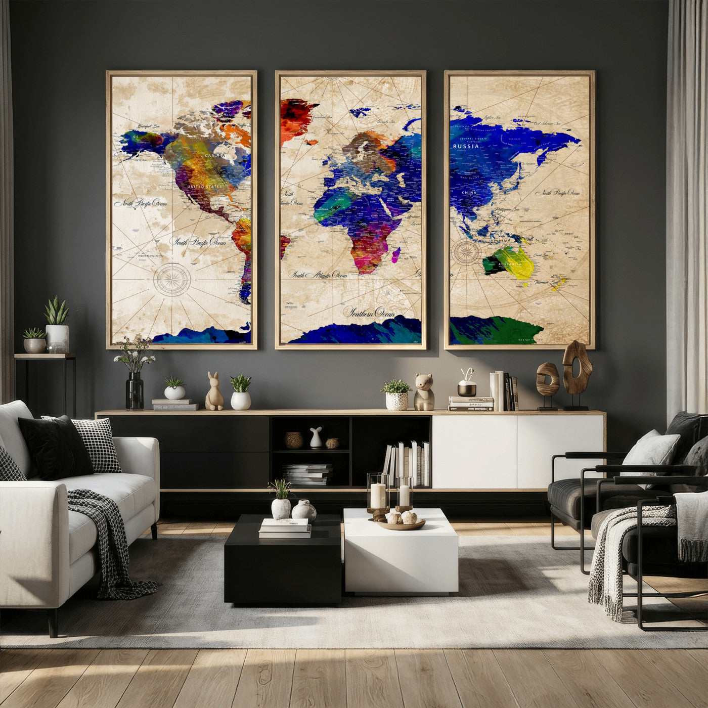 26284075-MGV-CV-36X24 - World Map Wall Art Canvas Print, Modern Decorative Framed Map Artwork Prints for Living Room, Office, Bedroom Wall Decor