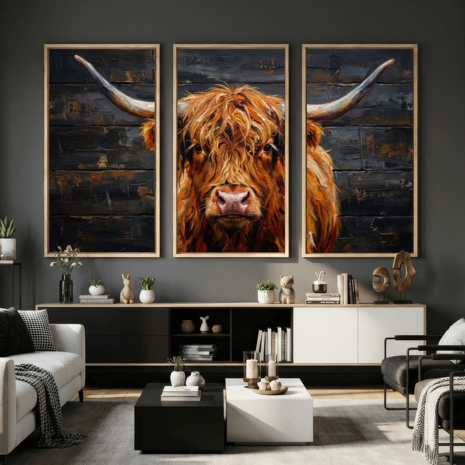 32536611-MGV-CV-36X24 - Highland Cow Wall Art Canvas Print, Rustic Farm Animal Painting, Framed Wall Art Ready to Hang