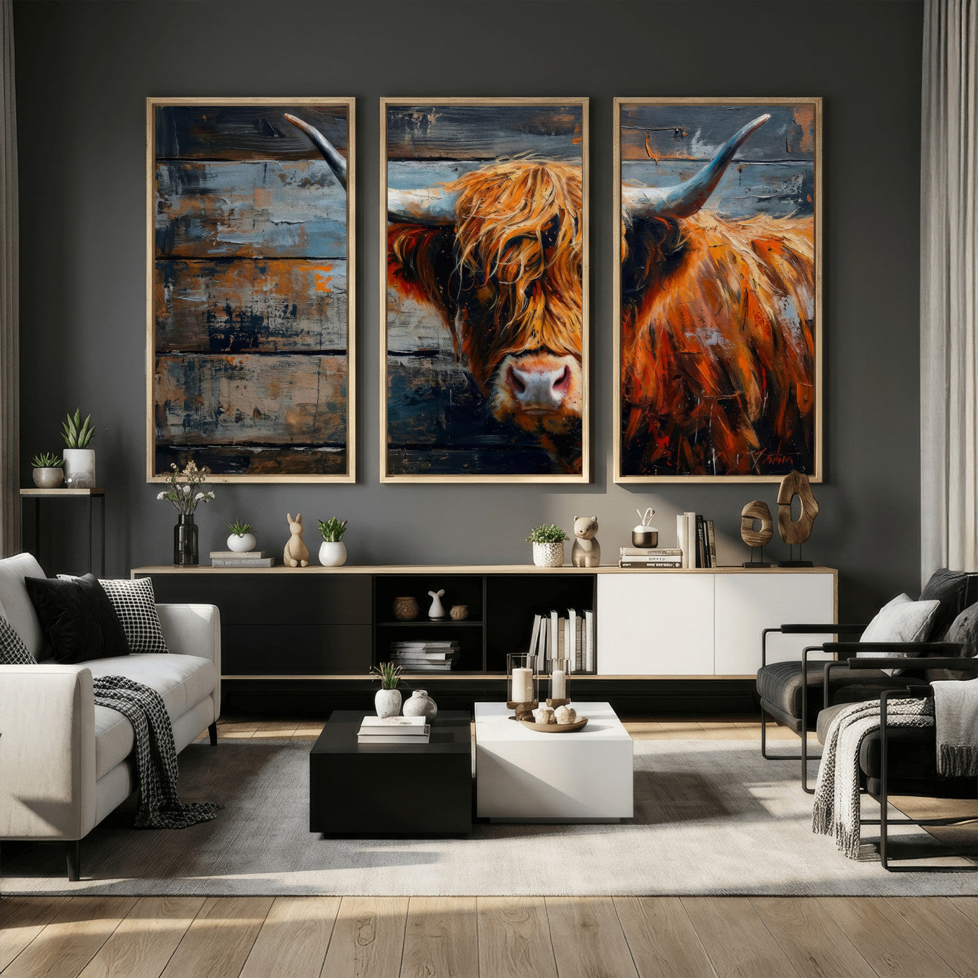 90271423-MGV-CV-36X24 - Highland Cow Wall Art Canvas Print, Abstract Rustic Farm Animal Wall Art Print, Framed Wall Art Ready to Hang