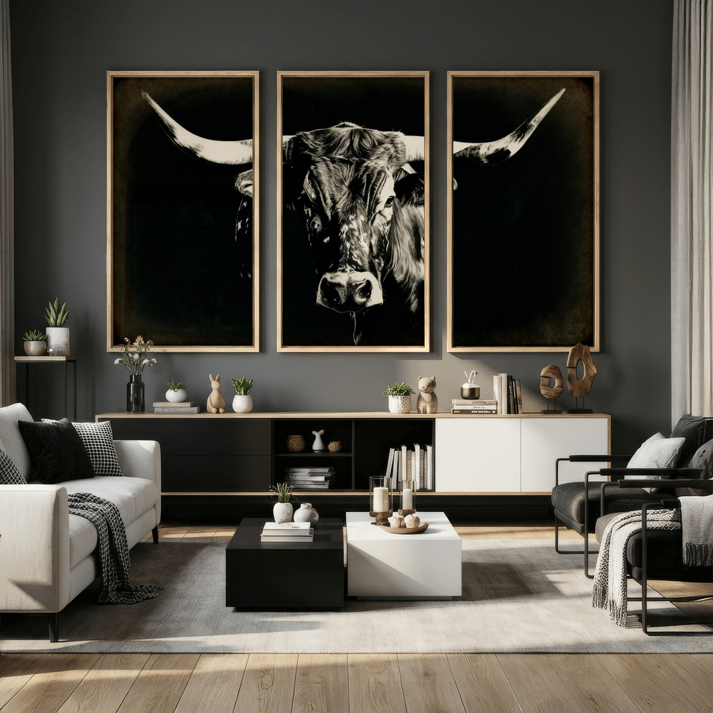 91364114-MGV-CV-36X24 - Black Bull Wall Art Canvas Print, Texas Longhorn Portrait Print, Framed Wall Art Ready to Hang