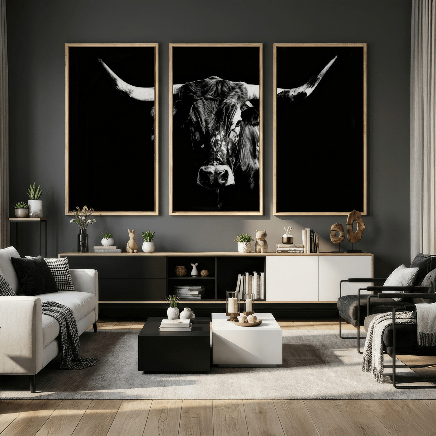 21436434-MGV-CV-36X24 - Black Bull Wall Art Canvas Print, Dark Longhorn Portrait Photography, Framed Wall Art Ready to Hang