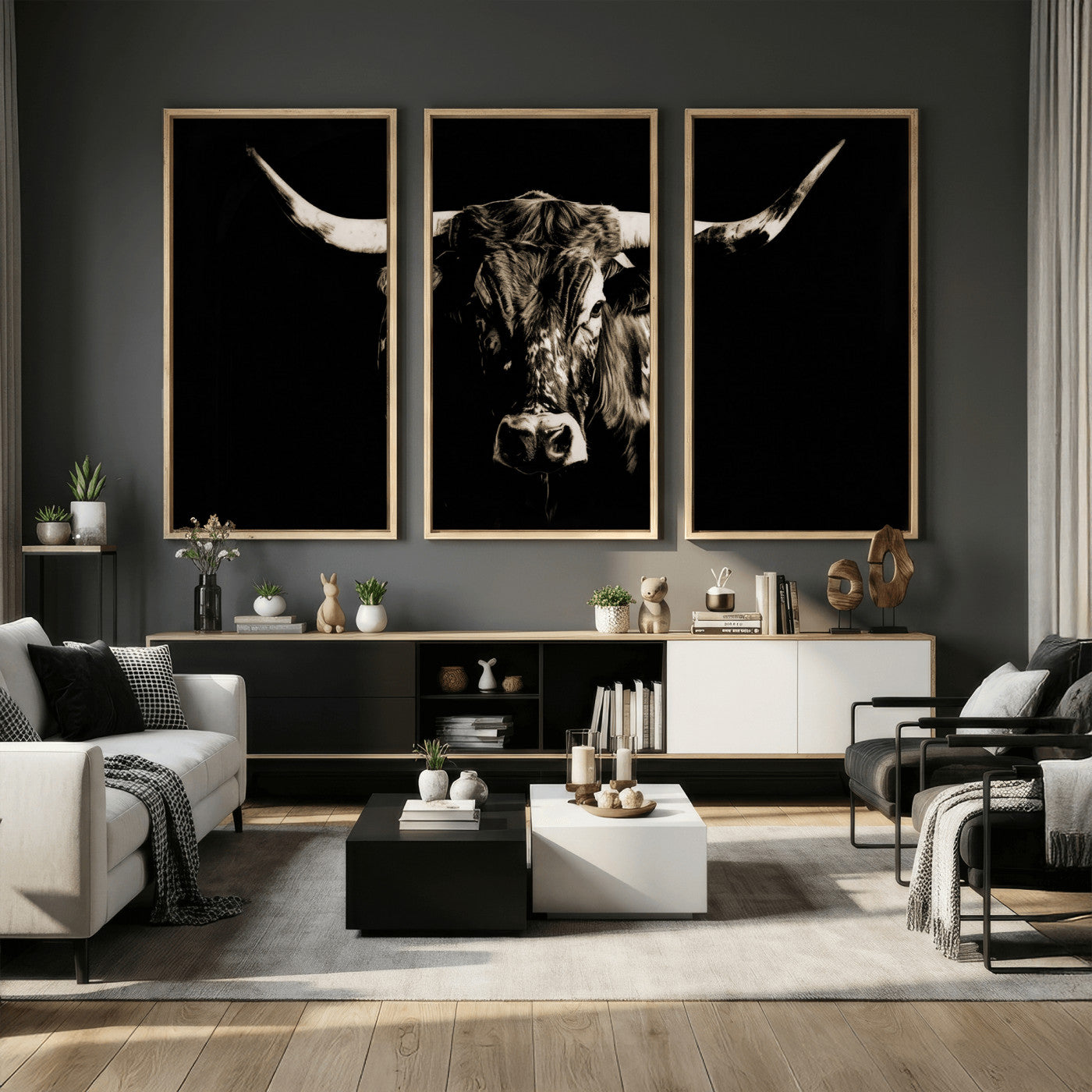 75774468-MGV-CV-36X24 - Black Bull Wall Art Canvas Print, Dark Longhorn Portrait Photography, Framed Wall Art Ready to Hang