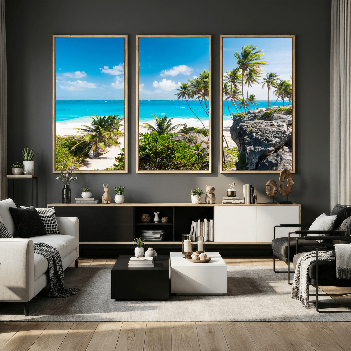 79995168-MGV-CV-36X24 - Barbados Beach Wall Art Canvas Print, Palm Tree Ocean Landscape, Turquoise Sea Coastal Photography, Tropical Island Wall Decor, Framed Ready to Hang