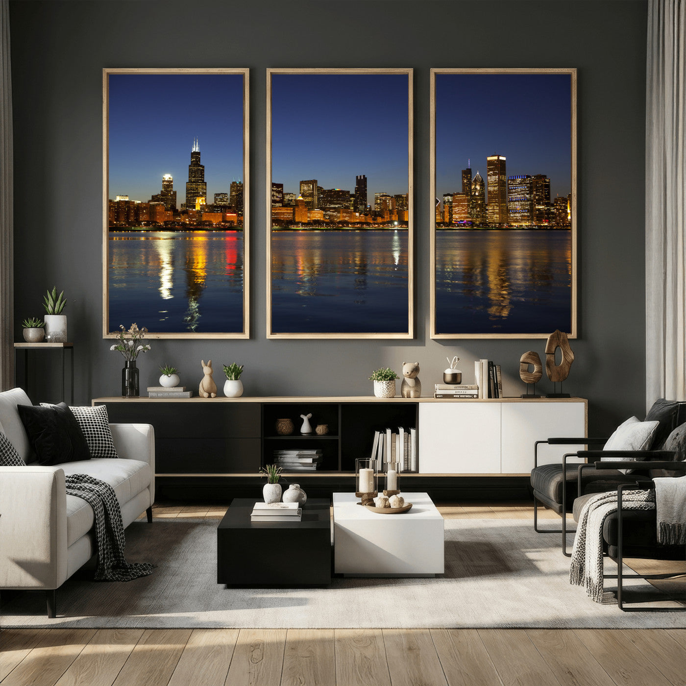 67308035-MGV-CV-36X24 - Chicago Wall Art Canvas Print, Chicago City Downtown Night Cityscape Print for Modern Urban Wall Decor