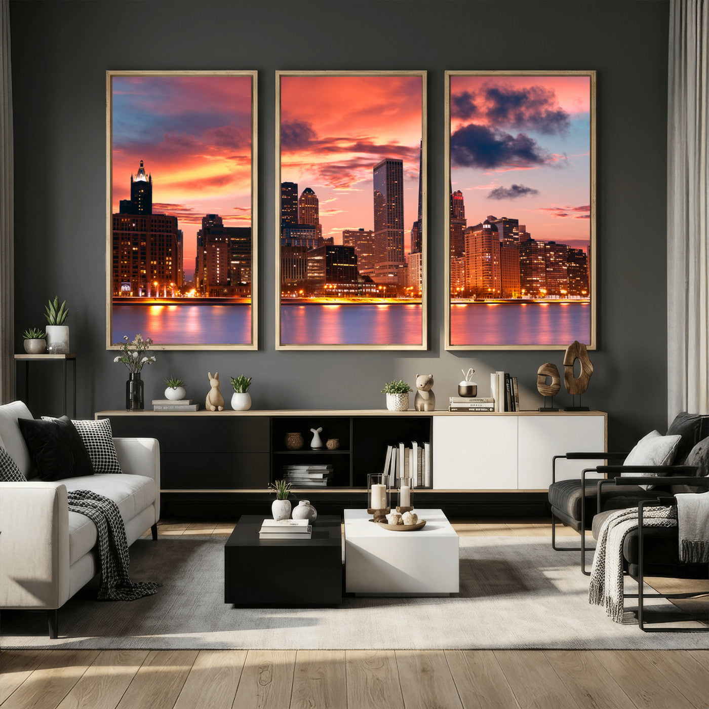 80390109-MGV-CV-36X24 - Chicago Wall Art Canvas Print, Chicago City Downtown Night Cityscape Print for Modern Urban Wall Decor
