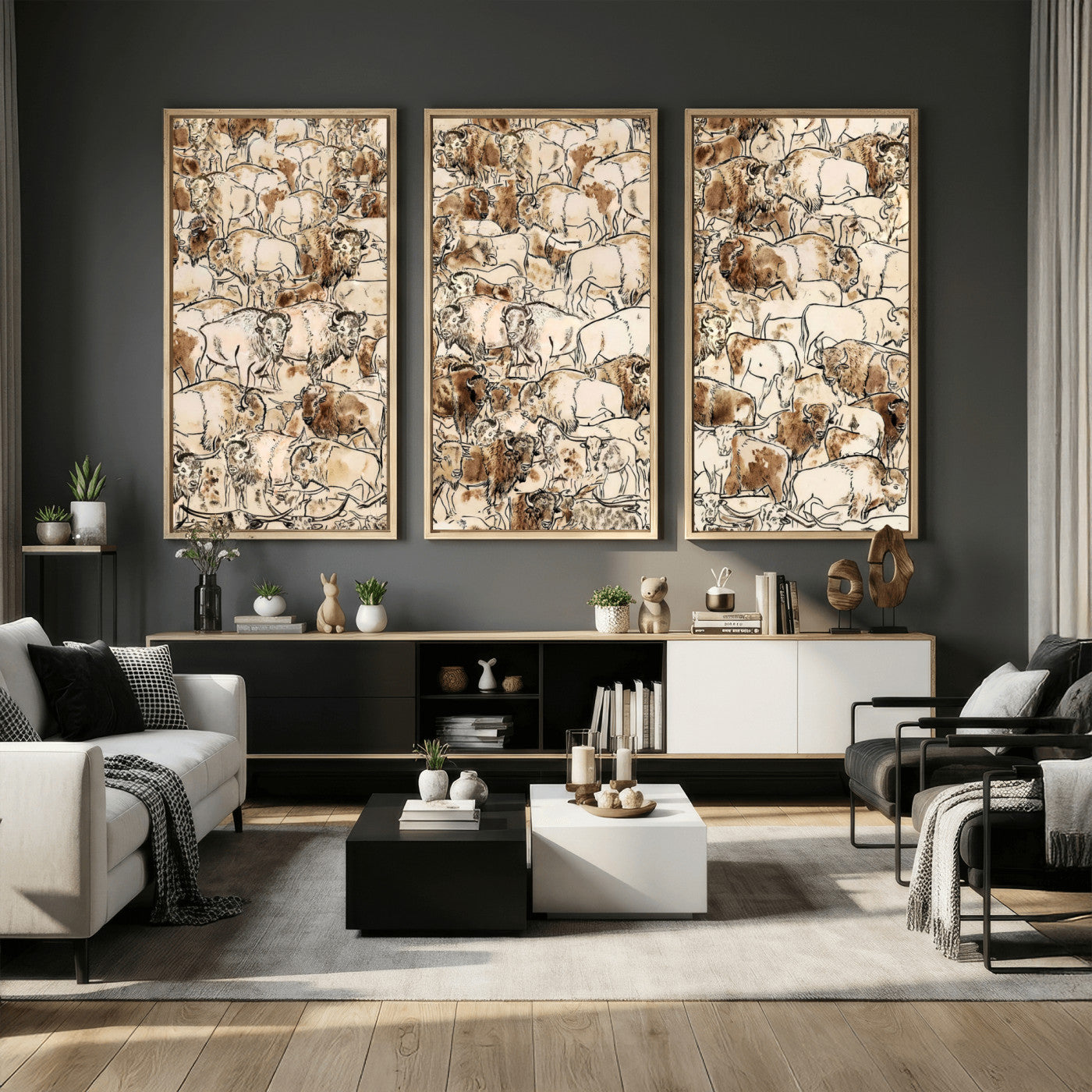 50142019-MGV-CV-36X24 - Farmhouse Animals Wall Art Canvas Print - Abstract Farm Animal Drawing Mid-Century Wall Art for Cabin Decor