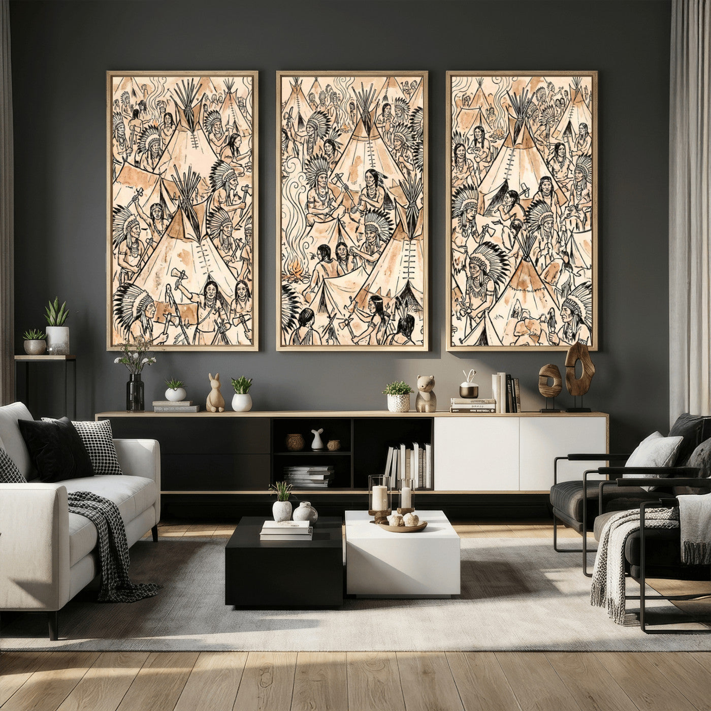 72739176-MGV-CV-36X24 - Farmhouse Animals Wall Art Canvas Print - Abstract Farm Animal Drawing Mid-Century Wall Art for Cabin Decor