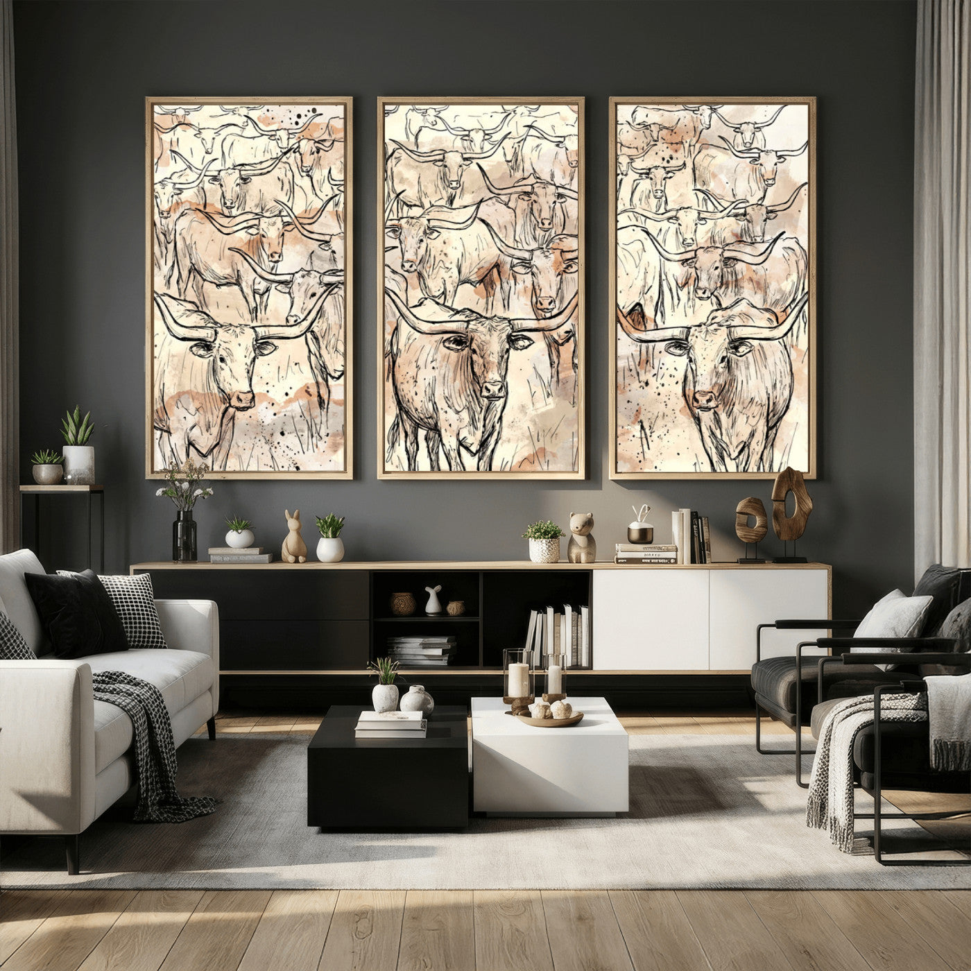 94055403-MGV-CV-36X24 - Farmhouse Animals Wall Art Canvas Print - Abstract Farm Animal Drawing Mid-Century Wall Art for Cabin Decor