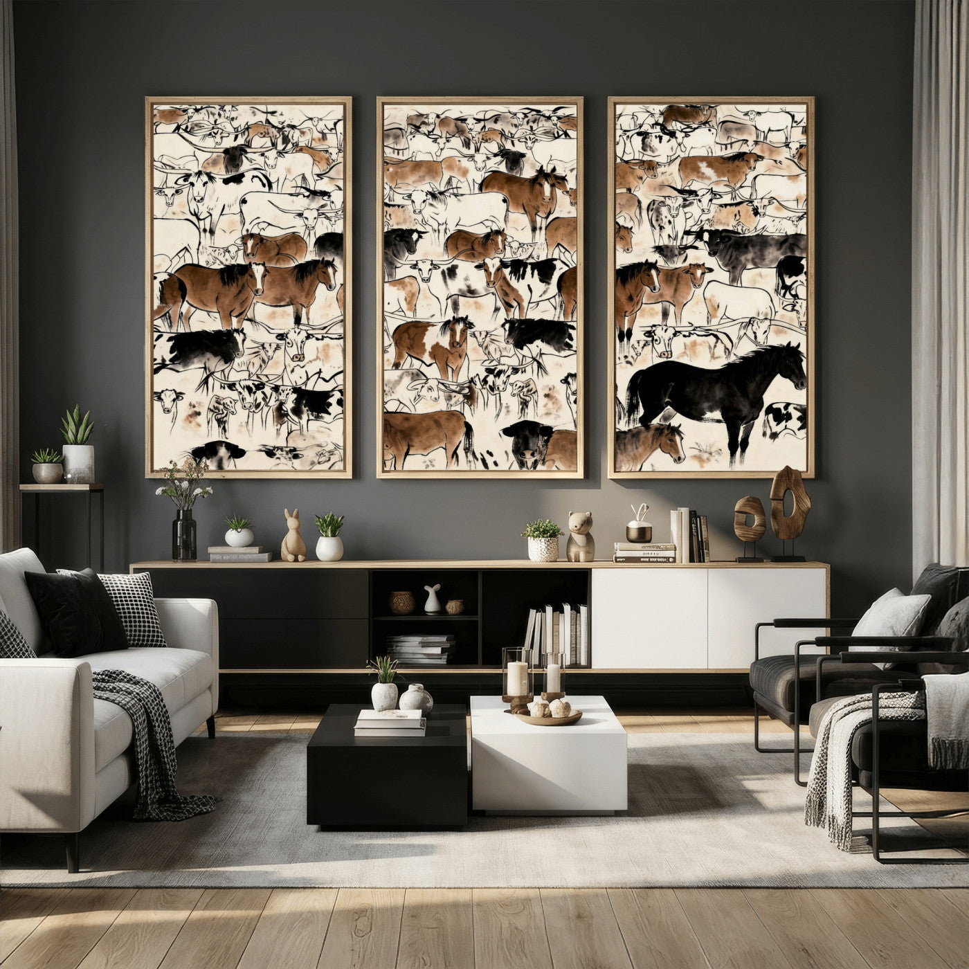 86150485-MGV-CV-36X24 - Farmhouse Animals Wall Art Canvas Print - Abstract Farm Animal Drawing Mid-Century Wall Art for Cabin Decor