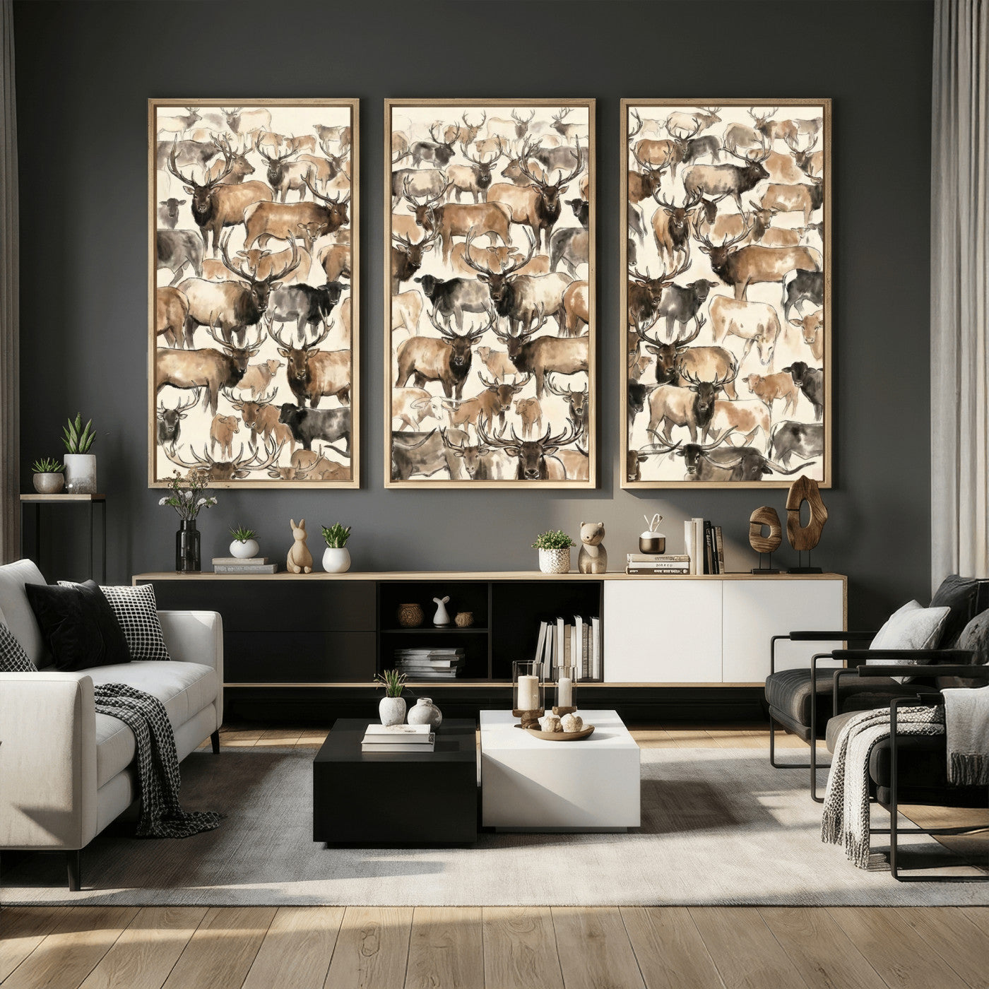 24374881-MGV-CV-36X24 - Farmhouse Animals Wall Art Canvas Print - Abstract Farm Animal Drawing Mid-Century Wall Art for Cabin Decor