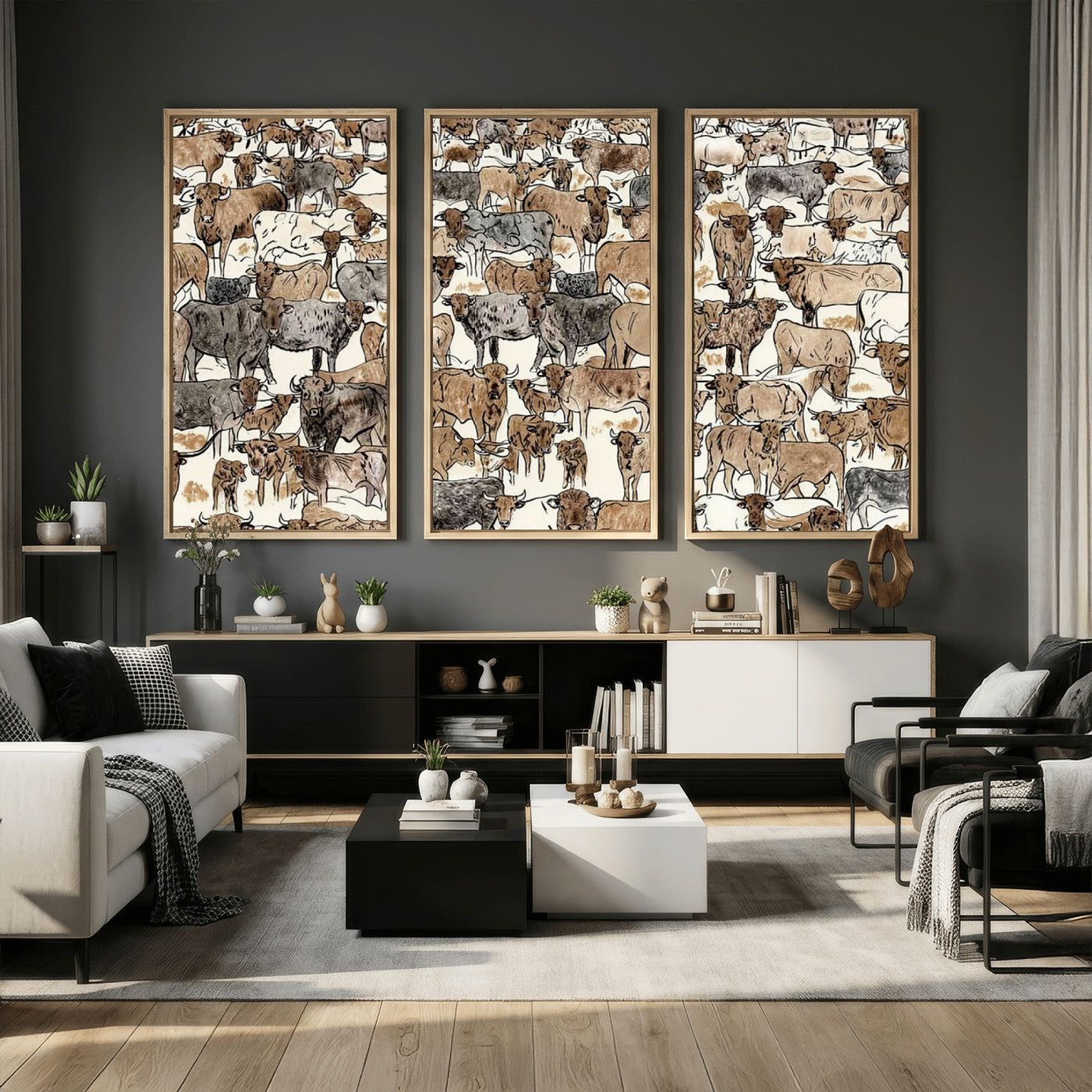 76902119-MGV-CV-36X24 - Farmhouse Animals Wall Art Canvas Print - Abstract Farm Animal Drawing Mid-Century Wall Art for Cabin Decor