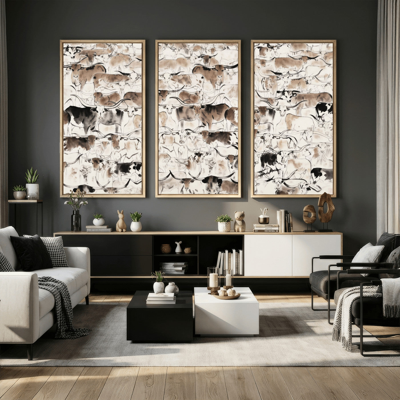 66685375-MGV-CV-36X24 - Farmhouse Animals Wall Art Canvas Print - Abstract Farm Animal Drawing Mid-Century Wall Art for Cabin Decor