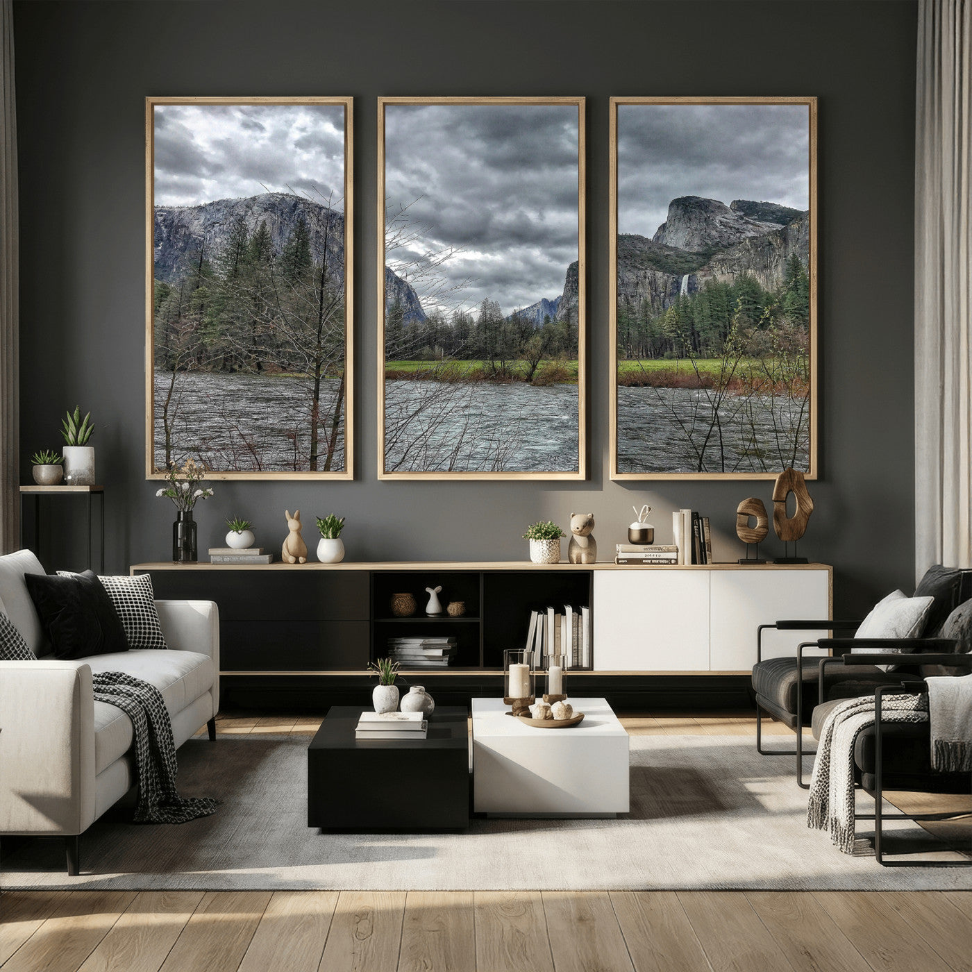 75582552-MGV-CV-36X24 - Yosemite Valley River Landscape Wall Art Canvas Print, Granite Cliffs Forest River Canvas Print, California National Park Moody Scenic Art Printi