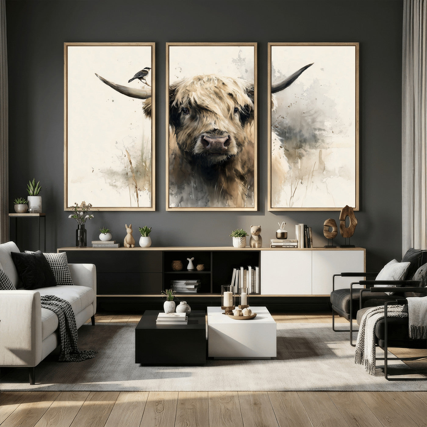 98249290-MGV-CV-36X24 - Abstract Highland Cow Watercolor Animal Wall Art Canvas Print, Rustic Farm Cattle Portrait Canvas Print, Neutral Wildlife Farmhouse Art Printing