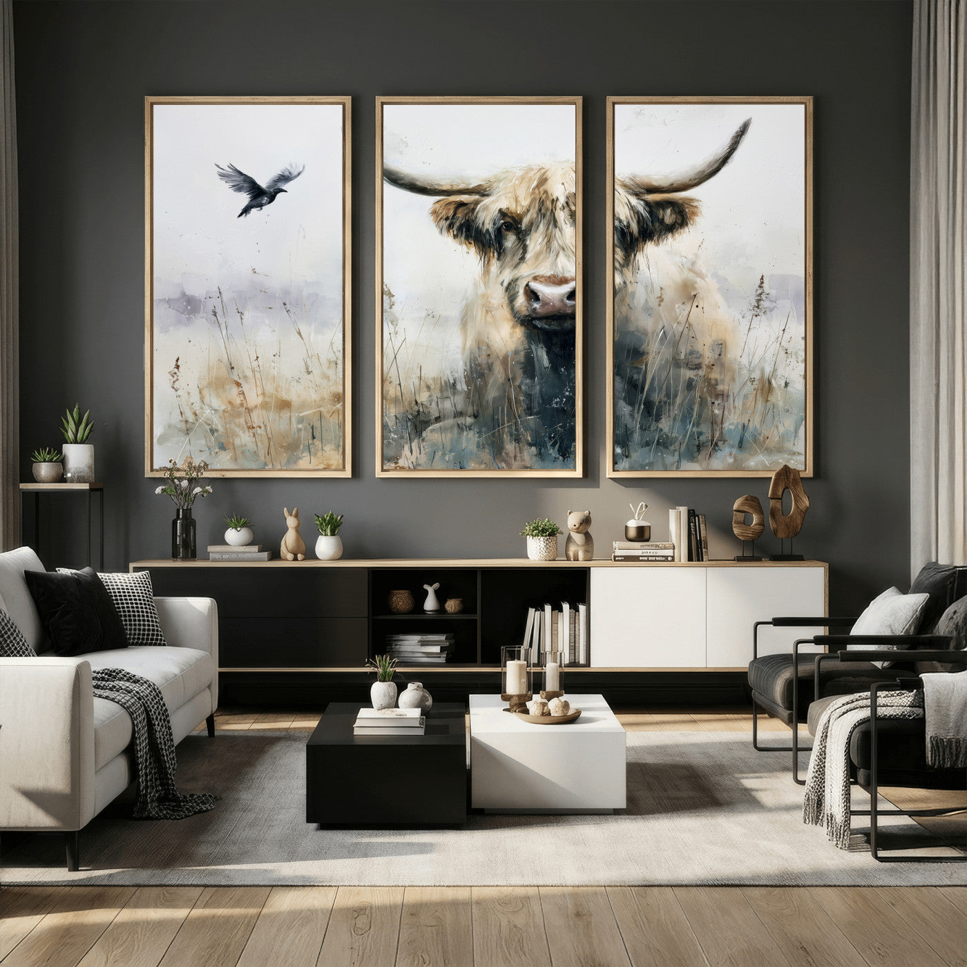 55652651-MGV-CV-36X24 - Abstract Highland Cow Watercolor Animal Wall Art Canvas Print, Rustic Farm Cattle Portrait Canvas Print, Neutral Wildlife Farmhouse Art Printing