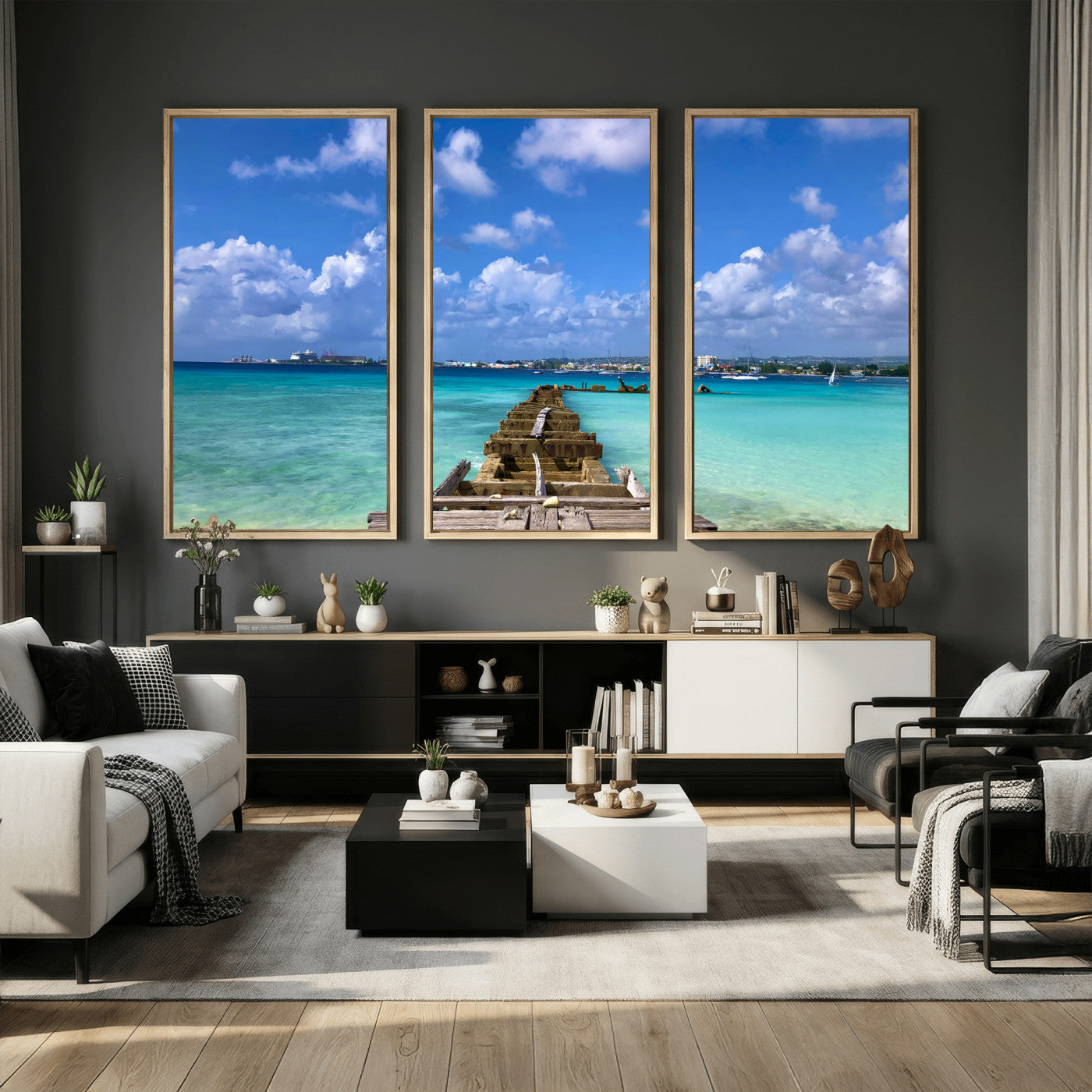 43165024-MGV-CV-36X24 - Caribbean Ocean Pier Seascape Wall Art Canvas Print, Turquoise Sea Tropical Harbor Canvas Print, Island Coastal Blue Water Scenic Art Printing