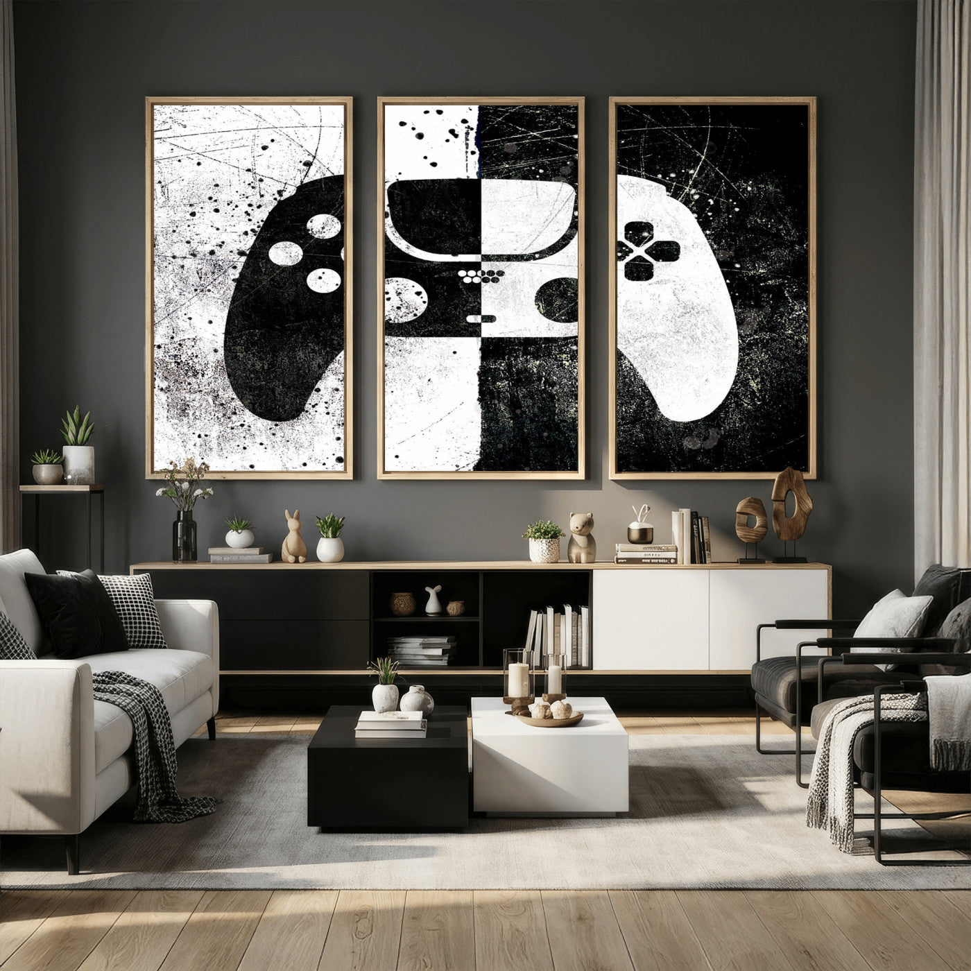 17525128-MGV-CV-36X24 - Abstract Gaming Controller Wall Art Canvas Print, Black White Video Game Controller Modern Canvas Print, Minimal Gamer Graphic Art Printing