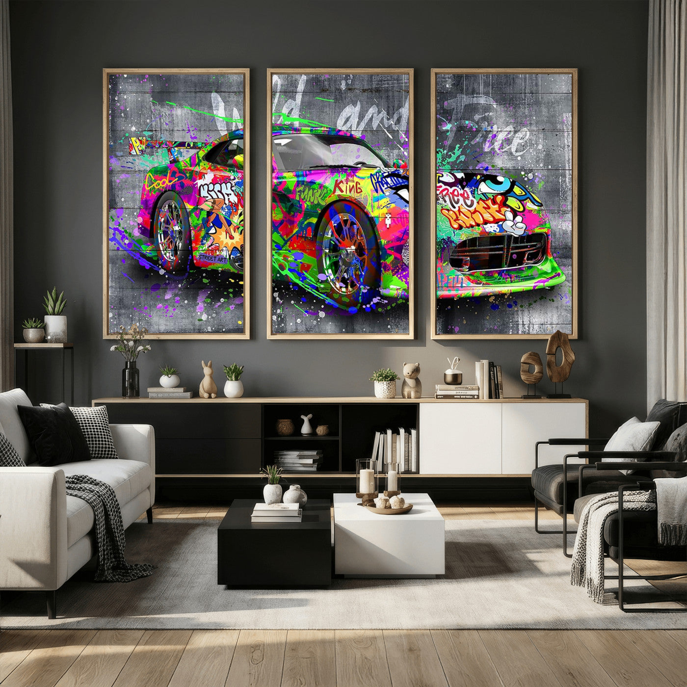 95314968-MGV-CV-36X24 - Graffiti Sports Car Street Art Wall Art Canvas Print, Colorful Urban Supercar Pop Art Canvas Print, Modern Graffiti Car Contemporary Art Printing