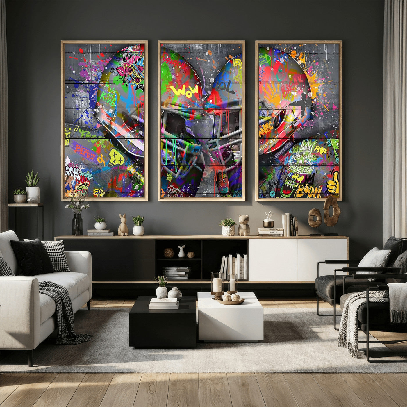 15309853-MGV-CV-36X24 - Graffiti Football Helmets Wall Art Canvas Print, Urban Street Art Sports Decor, Colorful American Football Graffiti Artwork