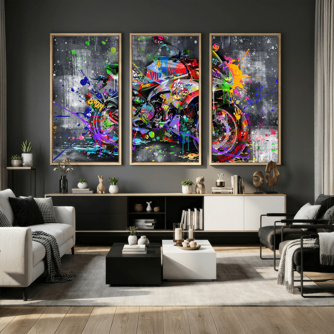 83021767-MGV-CV-36X24 - Graffiti Motorcycle Wall Art Canvas Print, Urban Street Art Motorbike Decor, Colorful Graffiti Sports Bike Artwork