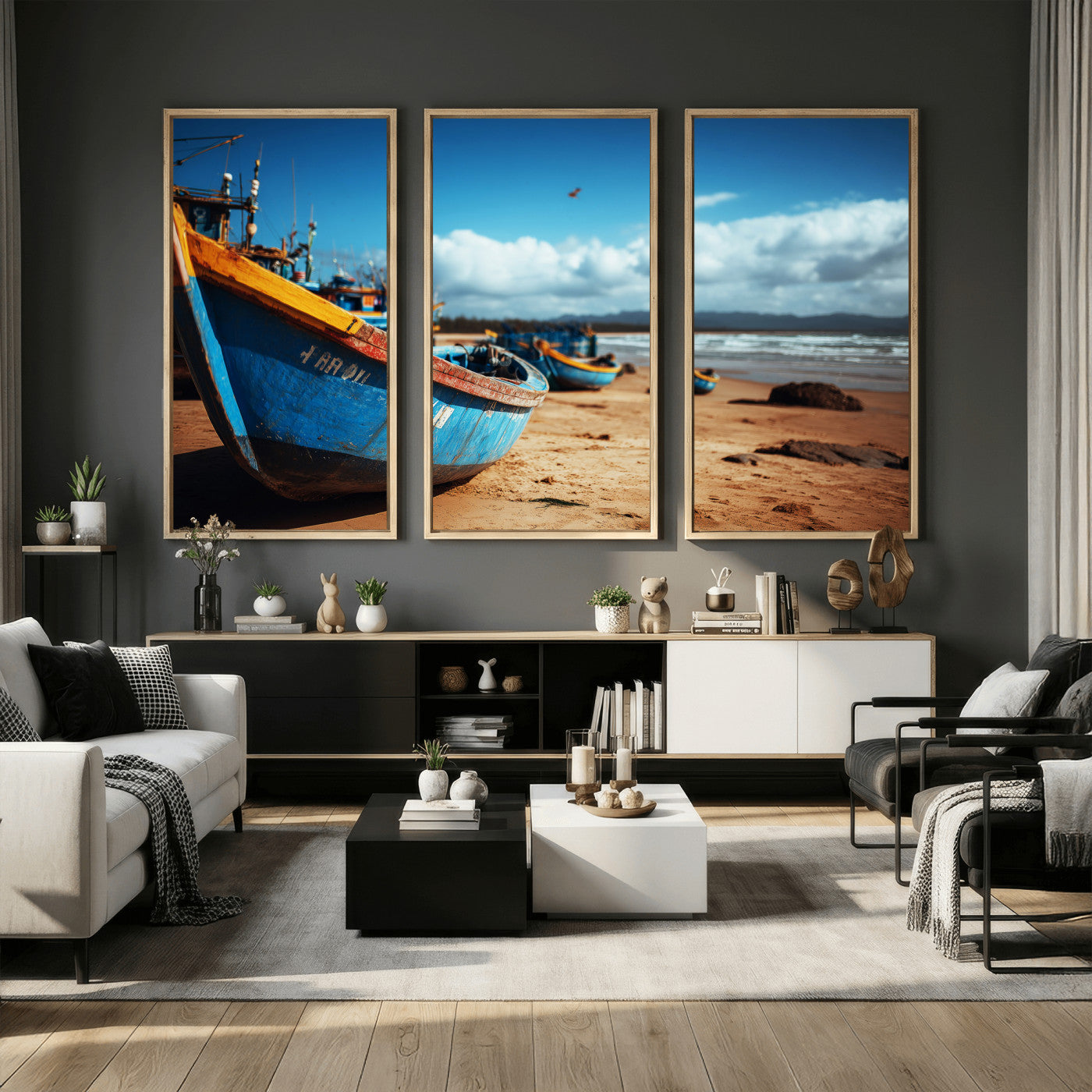 70925201-MGV-CV-36X24 - Fishing Boats Wall Art Canvas Print, Coastal Boat Beach Scene, Nautical Seaside Artwork, Ocean Shore Decor, Coastal Home Wall Art