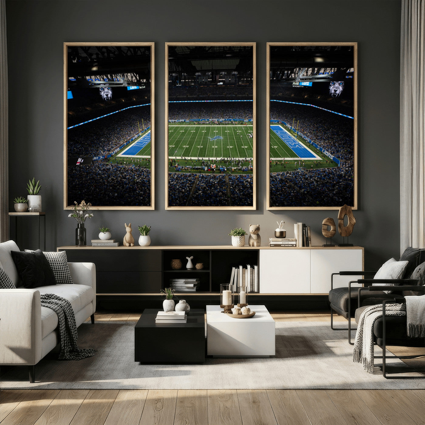 16709602-MGV-CV-36X24 - Detroit Lions Stadium Wall Art Canvas Print, Football Field Panorama Artwork, NFL Game Night Stadium Decor
