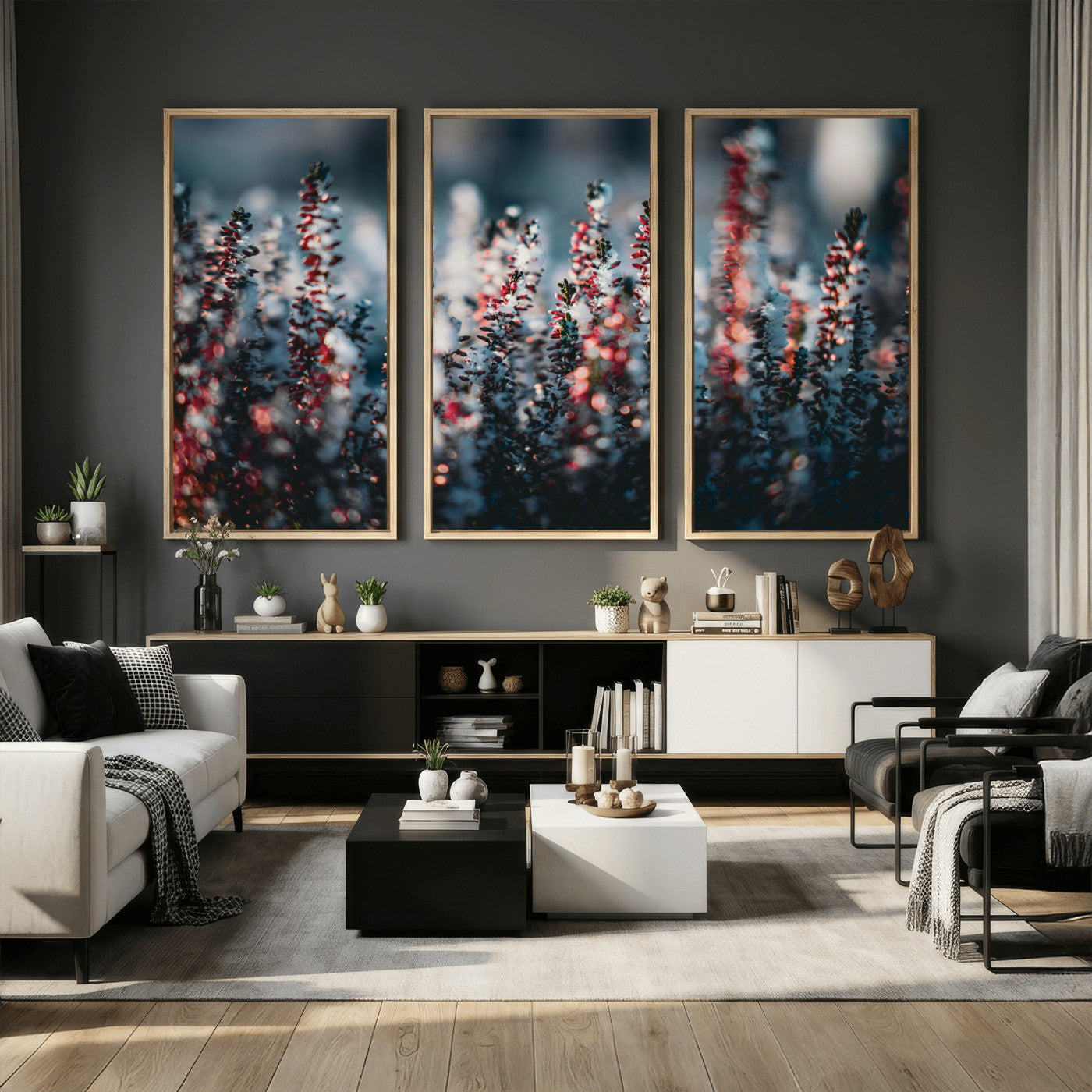 82063935-MGV-CV-36X24 - Winter Heather Wall Art Canvas Print, Frosted Floral Nature Art, Moody Botanical Wall Decor