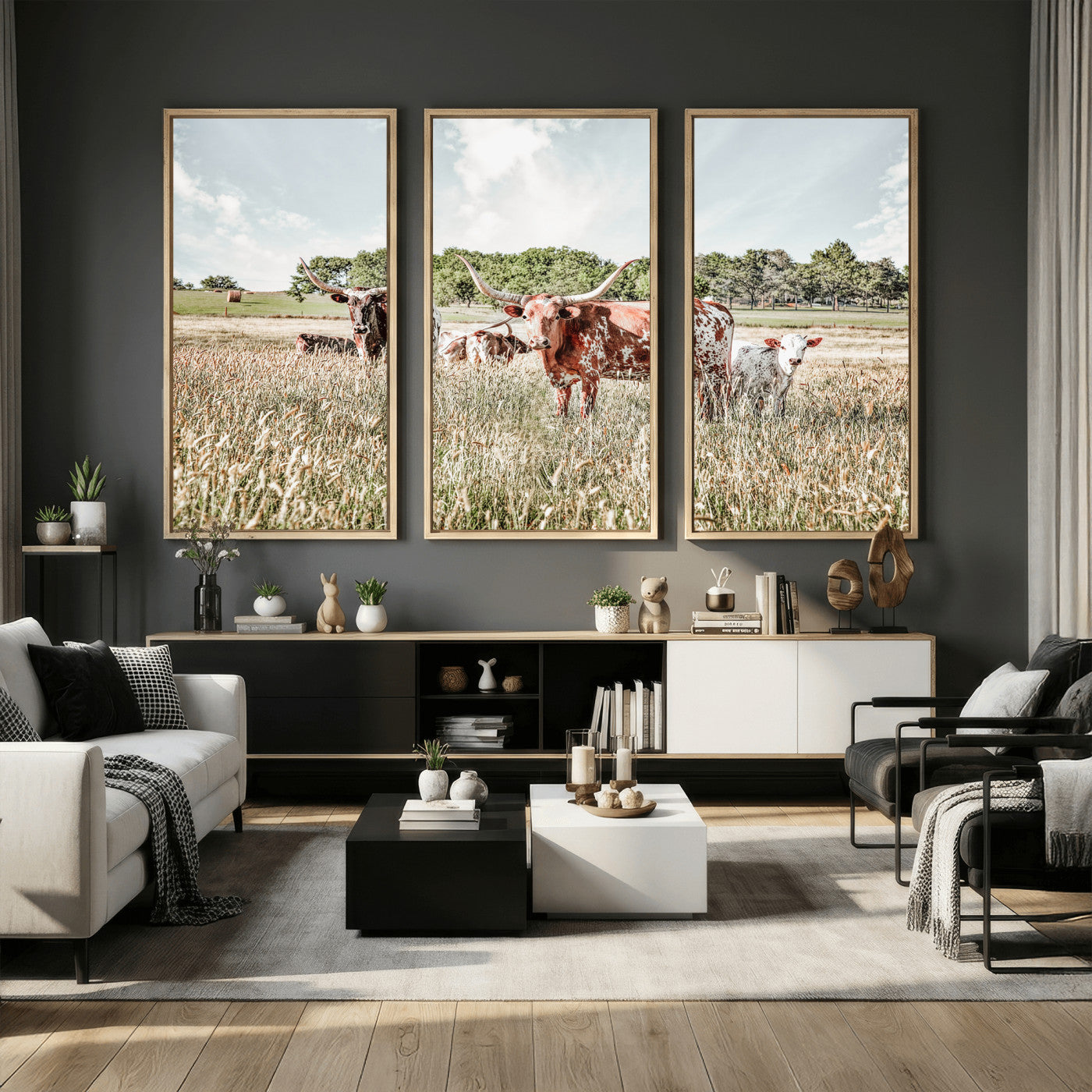 21823552-MGV-CV-36X24 - Texas Longhorn Cattle Wall Art Canvas Print, Rustic Ranch Landscape Artwork, Western Farm Field Scene, Country Prairie Animal Canvas Wall Art