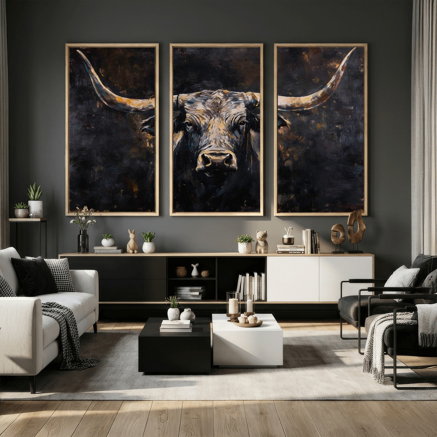 17622011-MGV-CV-36X24 - Abstract Longhorn Bull Wall Art Canvas Print – Dark Rustic Western Cattle Artwork for Farmhouse, Ranch, Cabin, and Office Decor