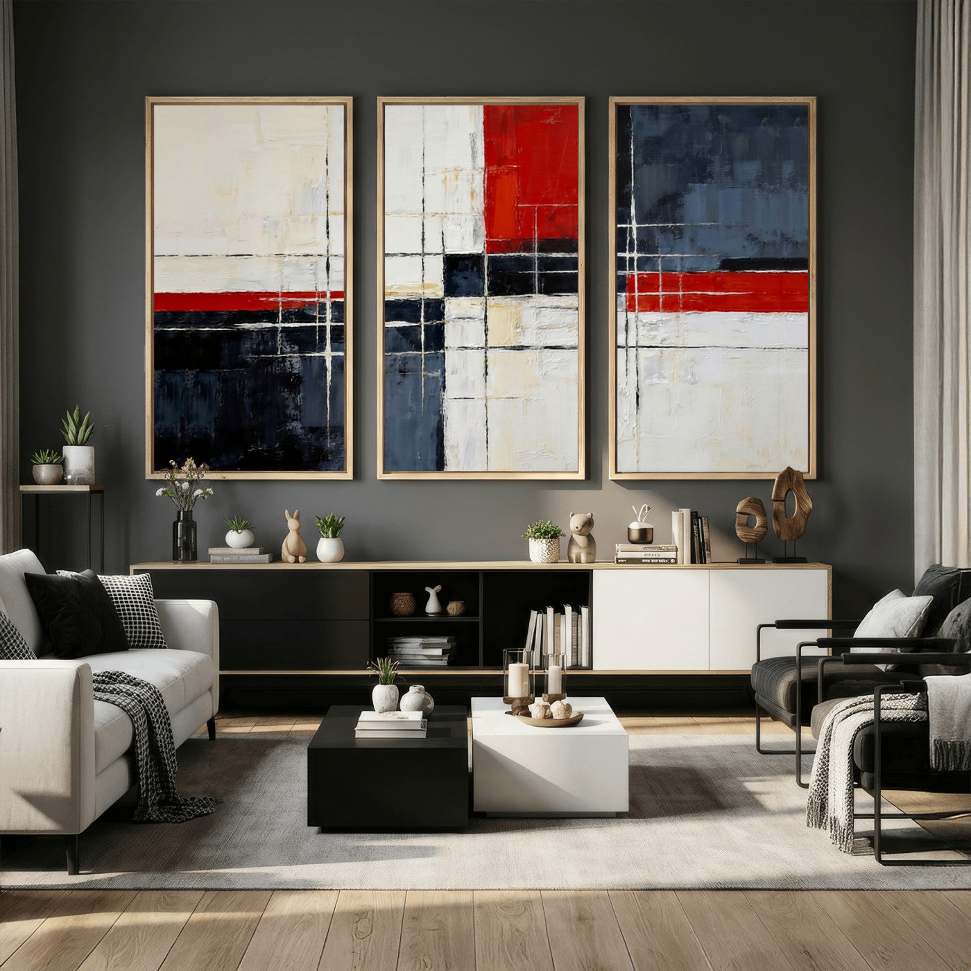 44088165-MGV-CV-36X24 - Navy Red Abstract Wall Art Canvas Print, Modern Luxury Geometric Painting Wall Decor for Living Room and Office