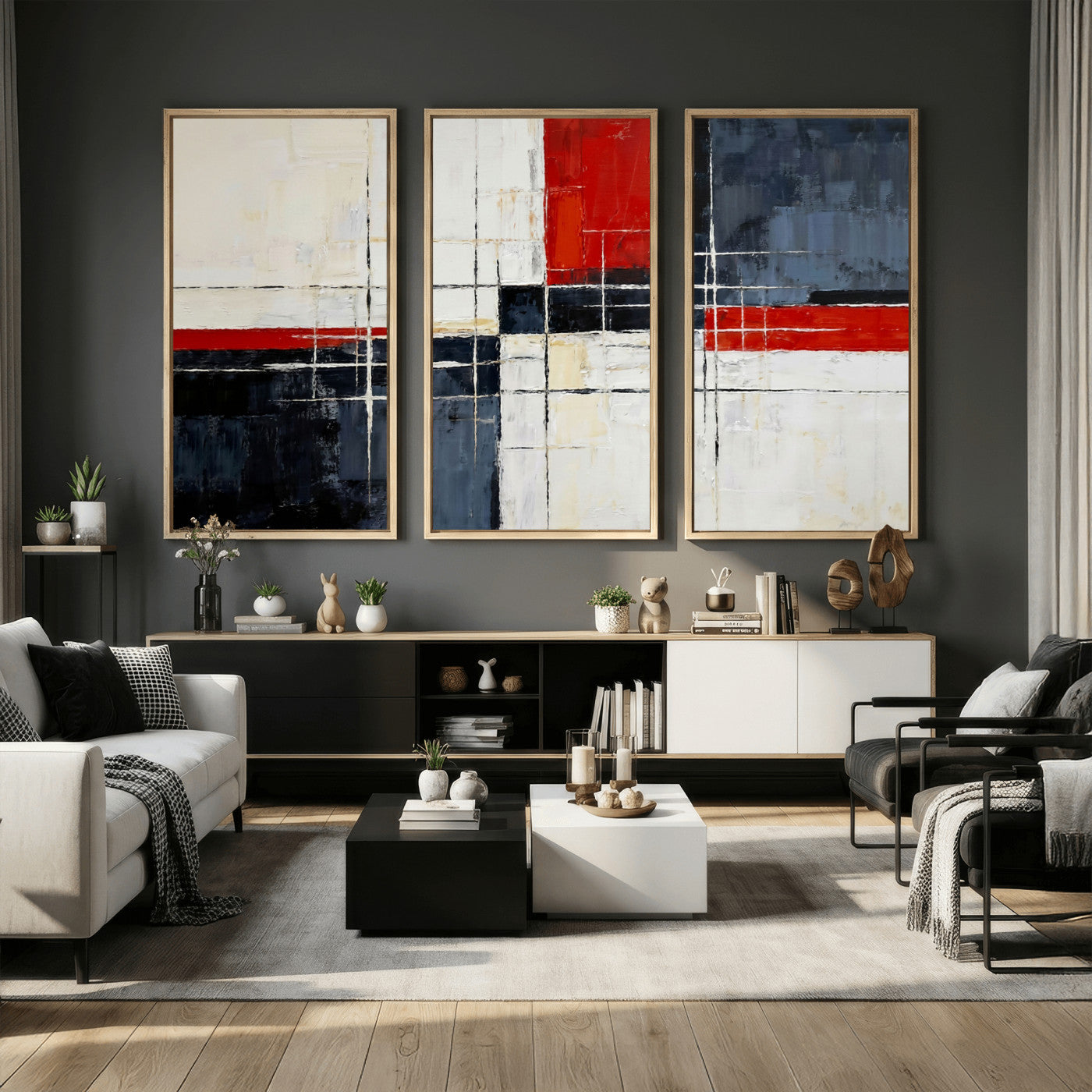 11921181-MGV-CV-36X24 - Navy Red Abstract Wall Art Canvas Print, Modern Luxury Geometric Painting Wall Decor for Living Room and Office