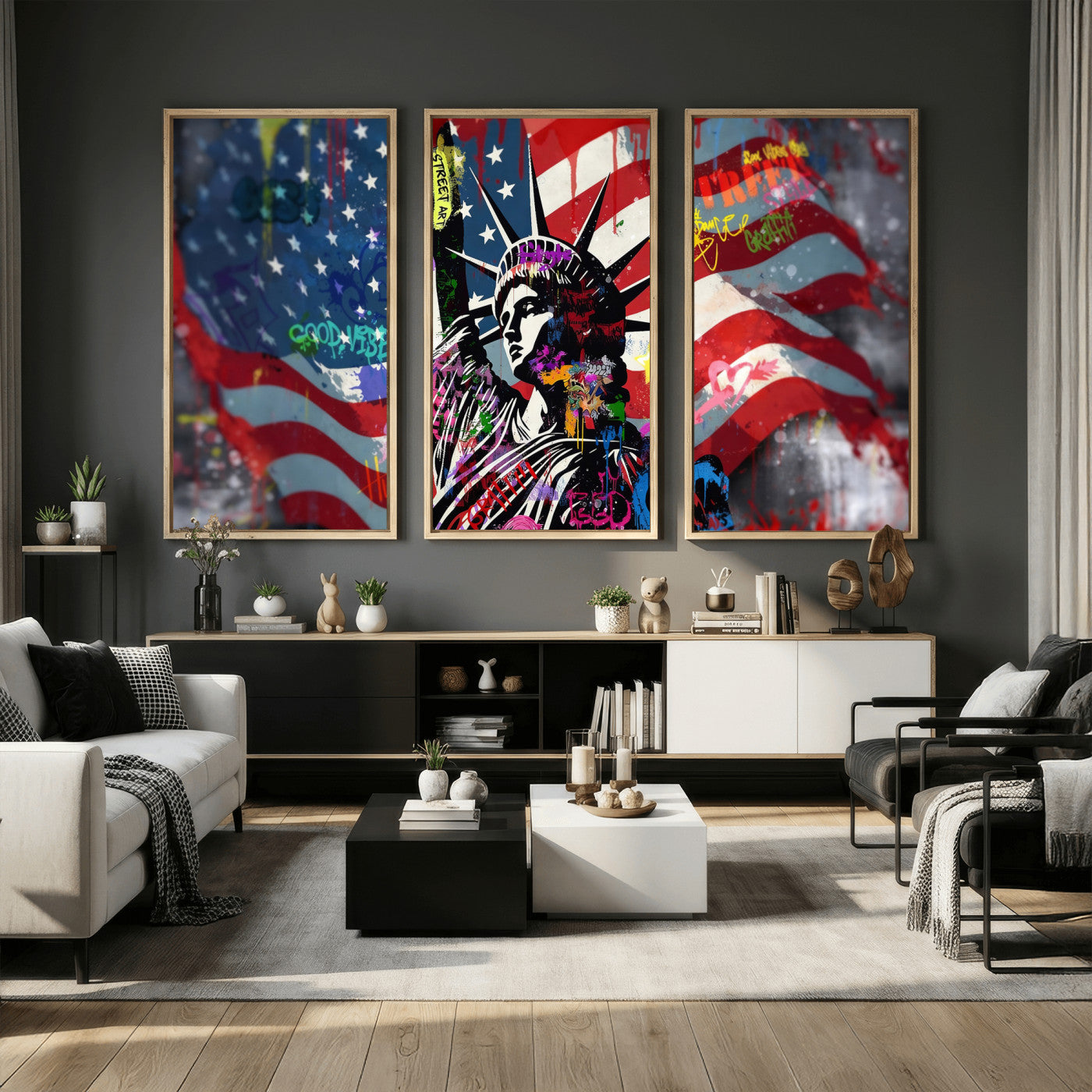 32151941-MGV-CV-36X24 - USA Statue of Liberty Graffiti Street Art Wall Art Canvas Print, American Flag Urban Pop Art Canvas Print, Modern Patriotic Street Art Contemporary Art Printing