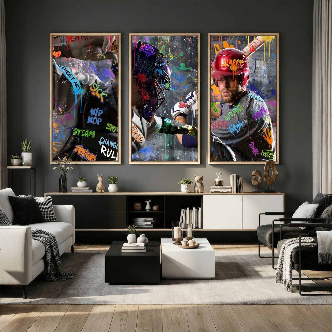 19634994-MGV-CV-36X24 - Graffiti Baseball Player Street Art Wall Art Canvas Print, Urban Sports Pop Art Baseball Canvas Print, Modern Athletic Graffiti Contemporary Art Printing