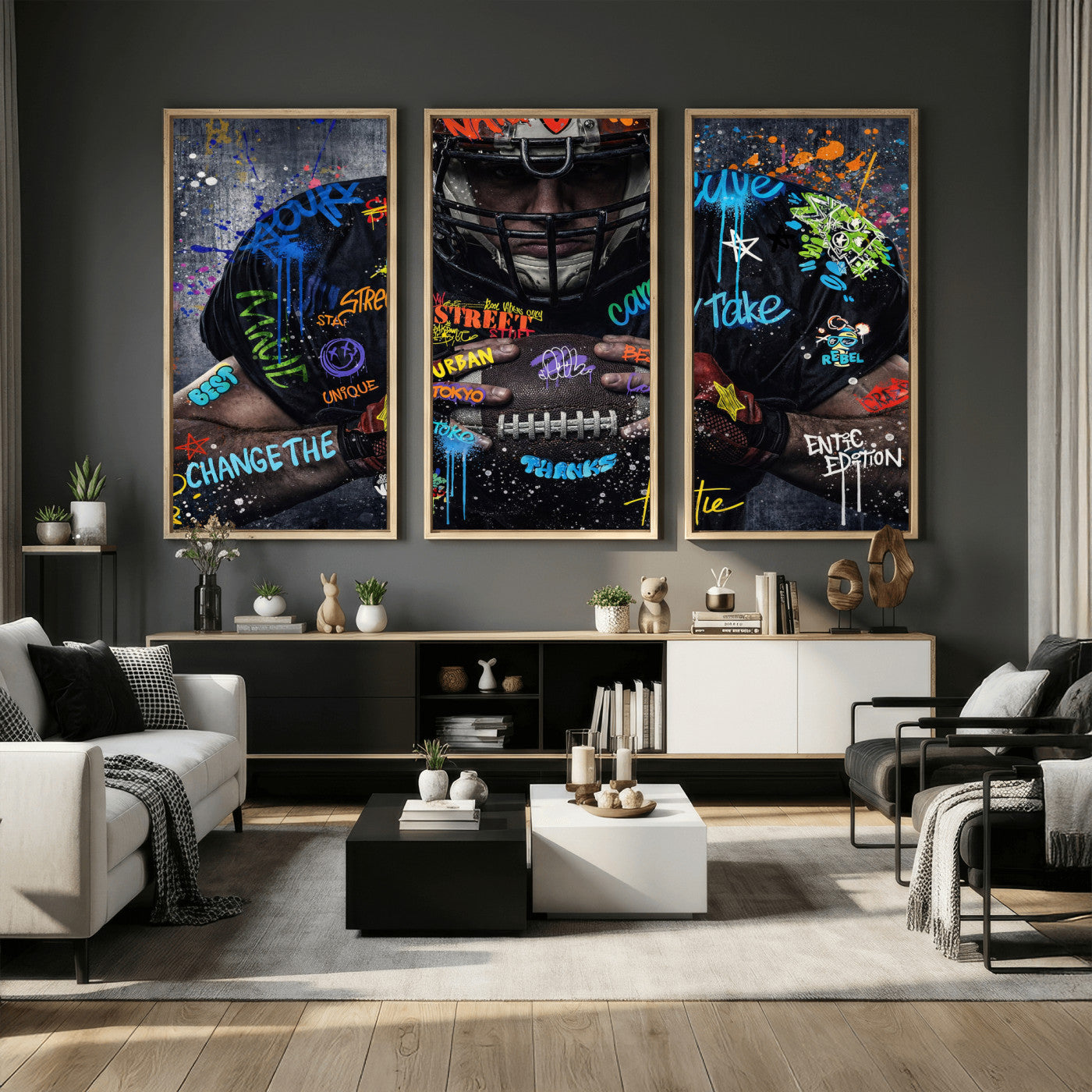 55267256-MGV-CV-36X24 - Graffiti American Football Player Street Art Wall Art Canvas Print, Urban Sports Pop Art Football Canvas Print, Modern Athletic Graffiti Contemporary Art Printing