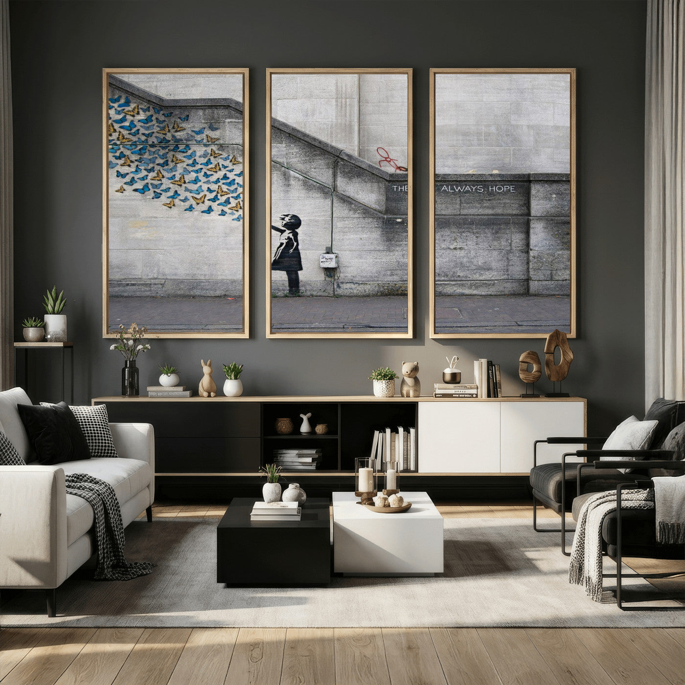 15274223-MGV-CV-36X24 - Banksy Girl with Butterflies Street Art Wall Art Canvas Print, Hope Graffiti Urban Art Canvas Print, Minimalist Inspirational Street Art Contemporary Art Printing