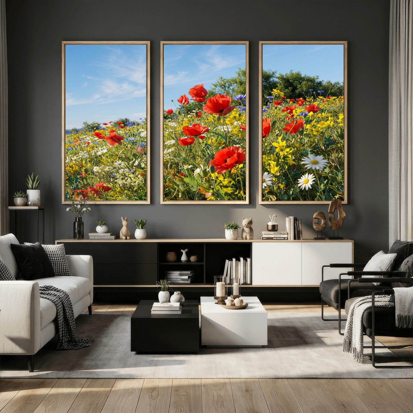 38570784-MGV-CV-36X24 - Wildflower Meadow Wall Art Canvas Print – Colorful Poppy and Daisy Field Landscape Artwork for Living Room Decor