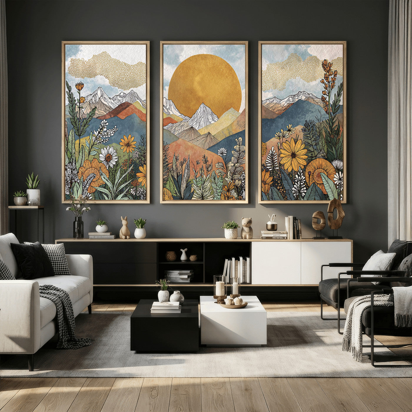 17540863-MGV-CV-36X24 - Boho Mountain Landscape Large Wall Art, Horizontal Gold Framed Canvas Print with Sun and Flowers