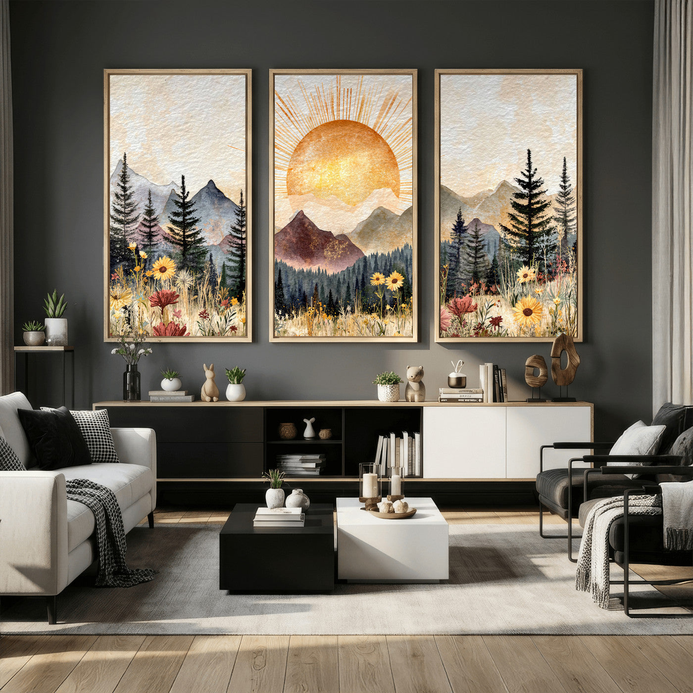 69025244-MGV-CV-36X24 - Boho Mountain Landscape Large Wall Art, Horizontal Gold Framed Canvas Print with Sun and Flowers