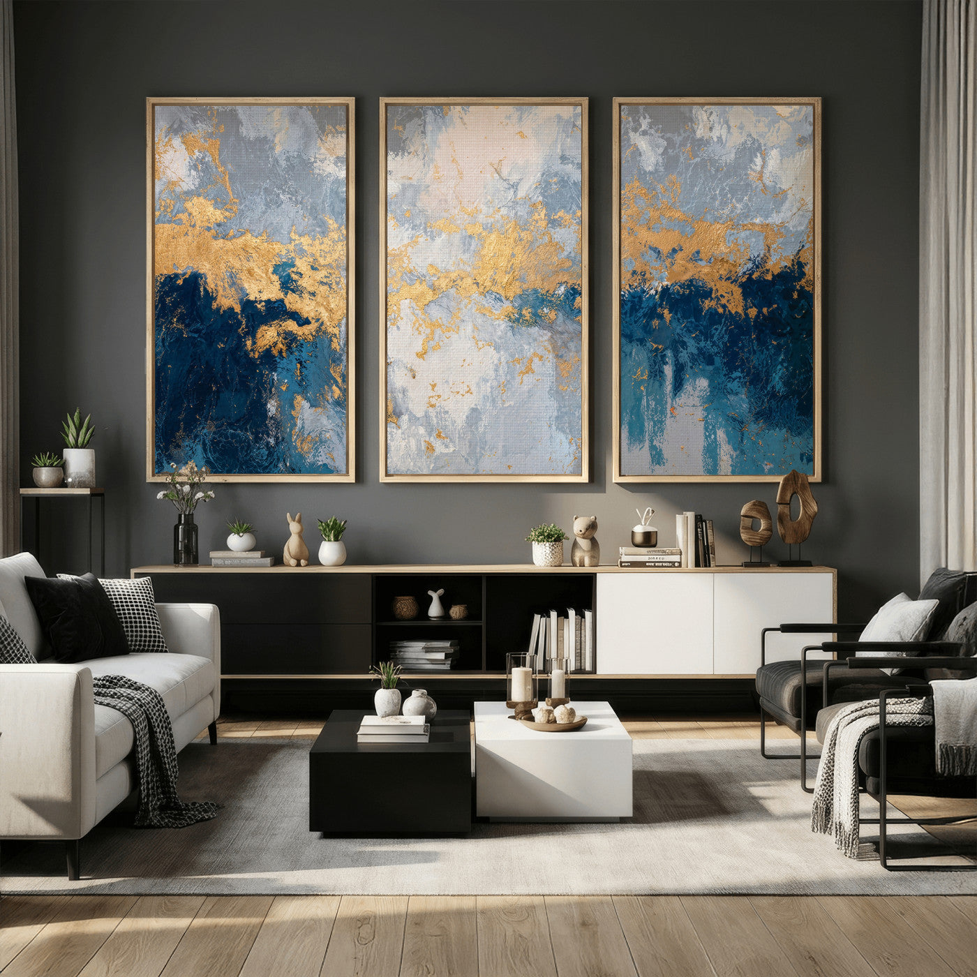 65386119-MGV-CV-36X24 - Blue Gold Abstract Large Framed Canvas Wall Art, Modern Luxury Painting Print in Horizontal Oversized Minimal Wall Decor Artwork