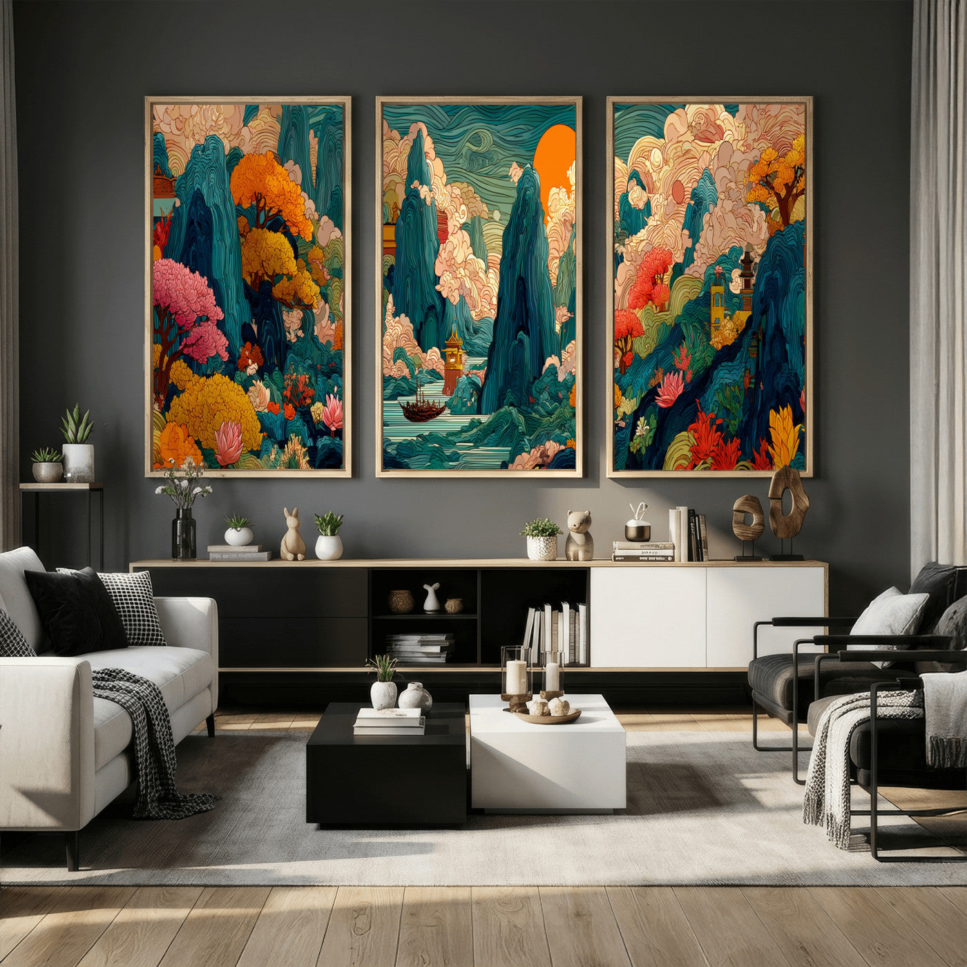 90422518-MGV-CV-48X32-3P - Colorful Japanese Landscape Print: Maximalist Panoramic Wall Art