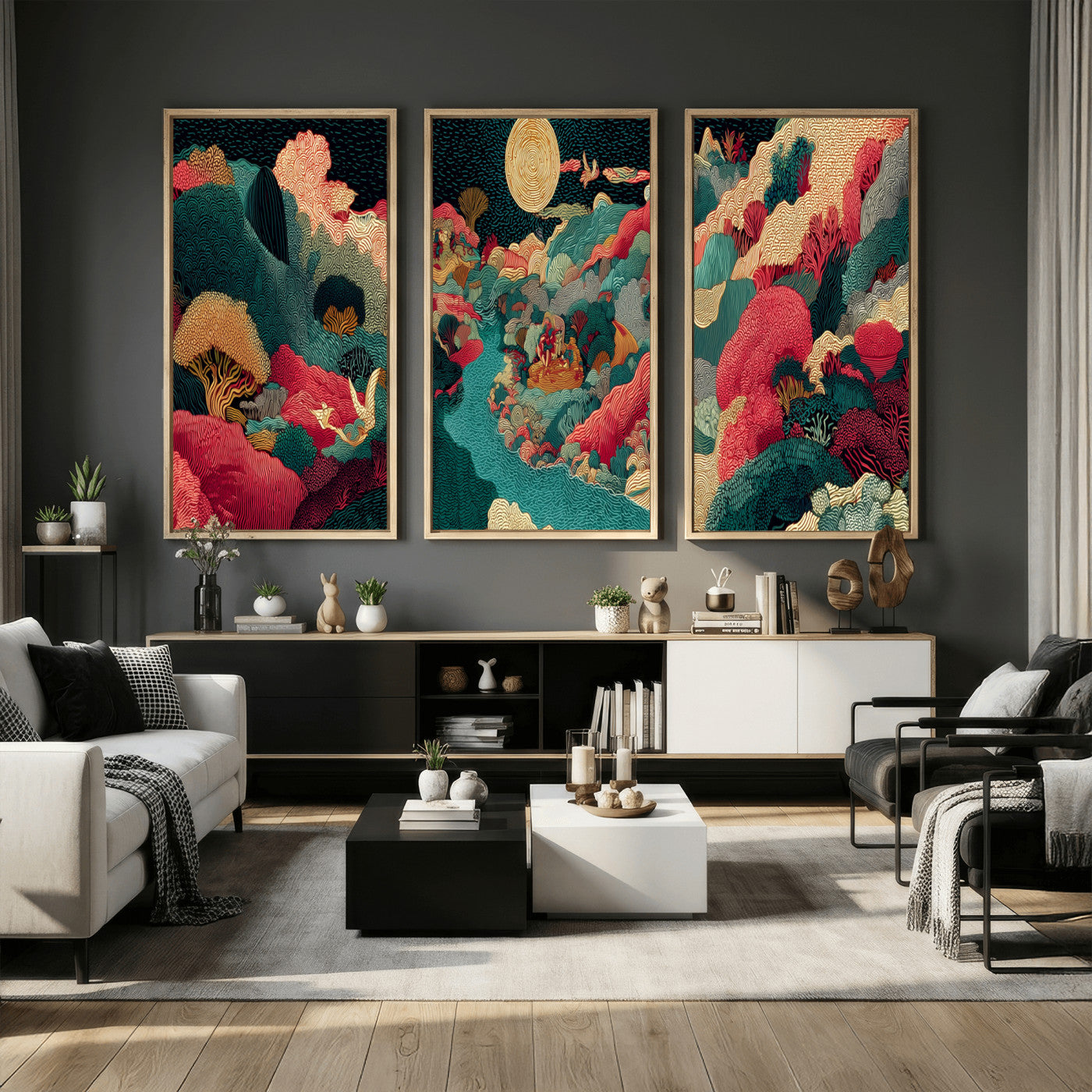 36816259-MGV-CV-48X32-3P - Colorful Japanese Landscape Print: Maximalist Panoramic Wall Art