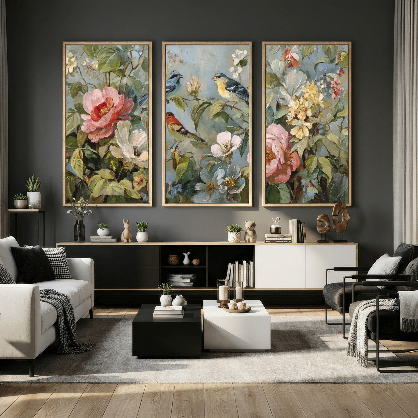 55440837-MGV-CV-36X24 - Vintage Birds and Flowers Wall Art Canvas Print, Botanical Bird Painting Canvas Print, Floral Garden Bird Artwork Canvas Print, Classic Bird Flower Painting Canvas Print