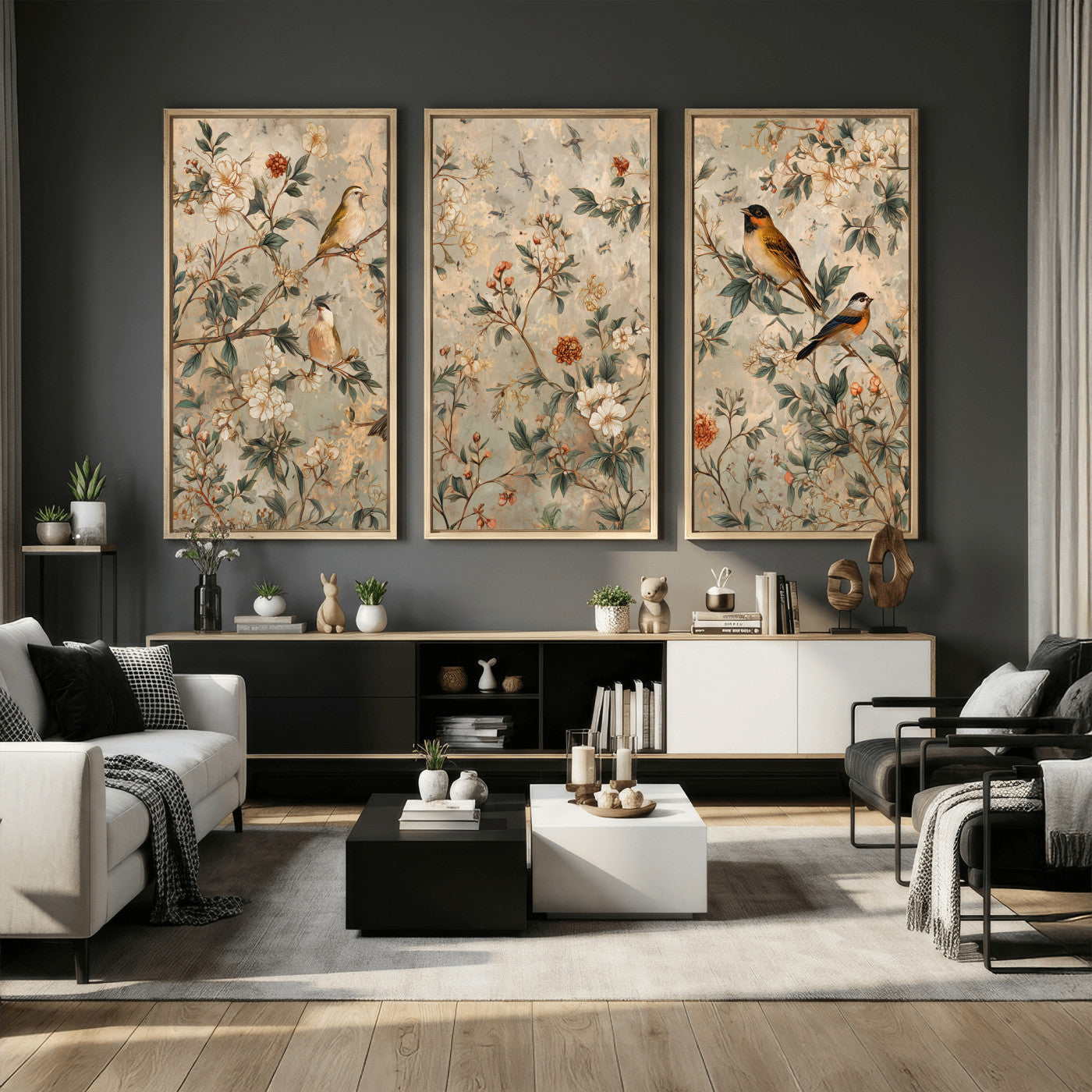 76588438-MGV-CV-36X24 - Vintage Birds and Flowers Wall Art Canvas Print, Botanical Bird Painting Canvas Print, Floral Garden Bird Artwork Canvas Print, Classic Bird Flower Painting Canvas Print