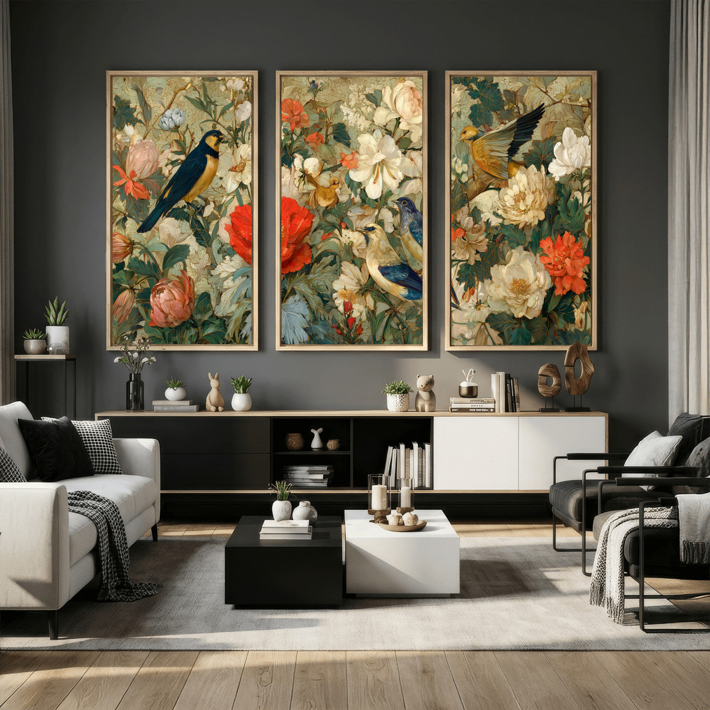 52904757-MGV-CV-36X24 - Vintage Birds and Flowers Wall Art Canvas Print, Botanical Bird Painting Canvas Print, Floral Garden Bird Artwork Canvas Print, Classic Bird Flower Painting Canvas Print