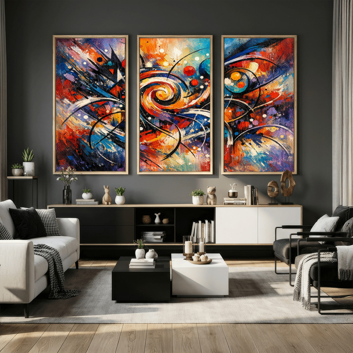 60193267-MGV-CV-36X24 - Geometric Abstract Wall Art Canvas Print, Orange Blue Abstract Expressionist Painting Print, Modern Geometric Abstract Canvas Art