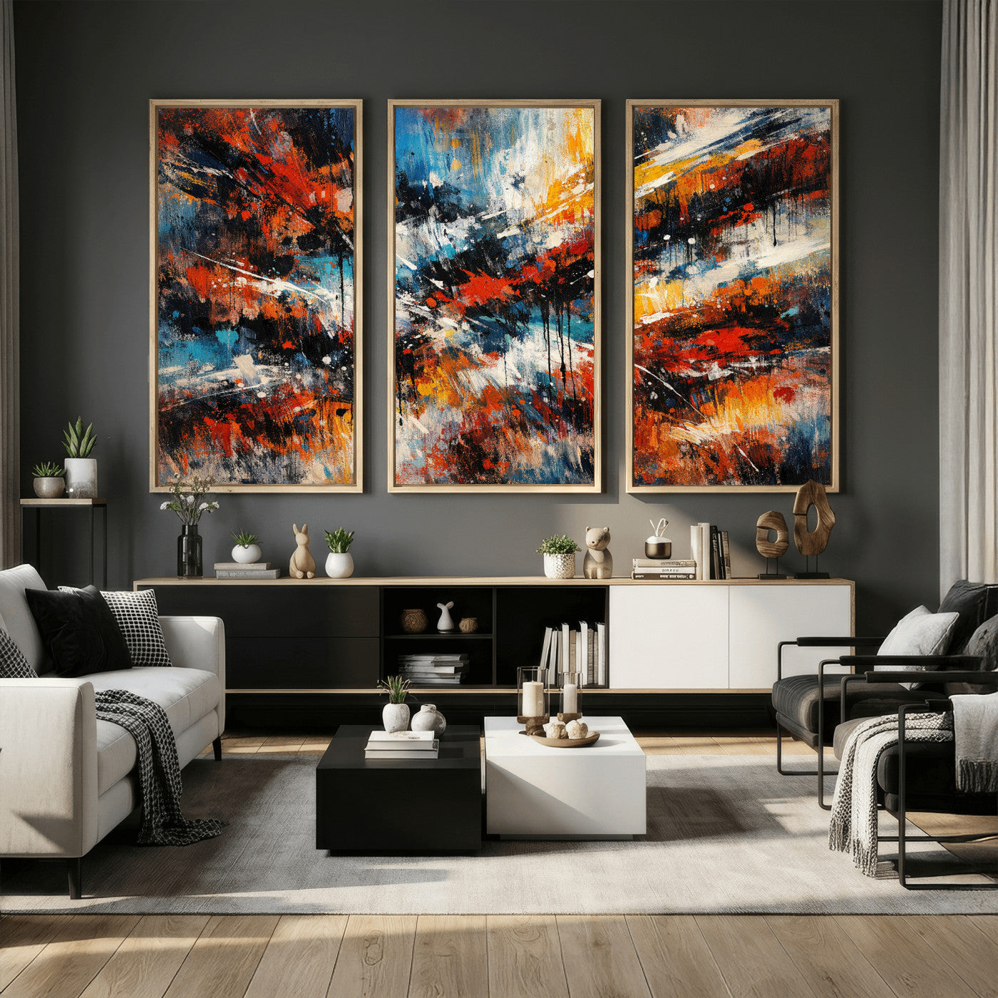 80276069-MGV-CV-36X24 - Geometric Abstract Wall Art Canvas Print, Orange Blue Abstract Expressionist Painting Print, Modern Geometric Abstract Canvas Art