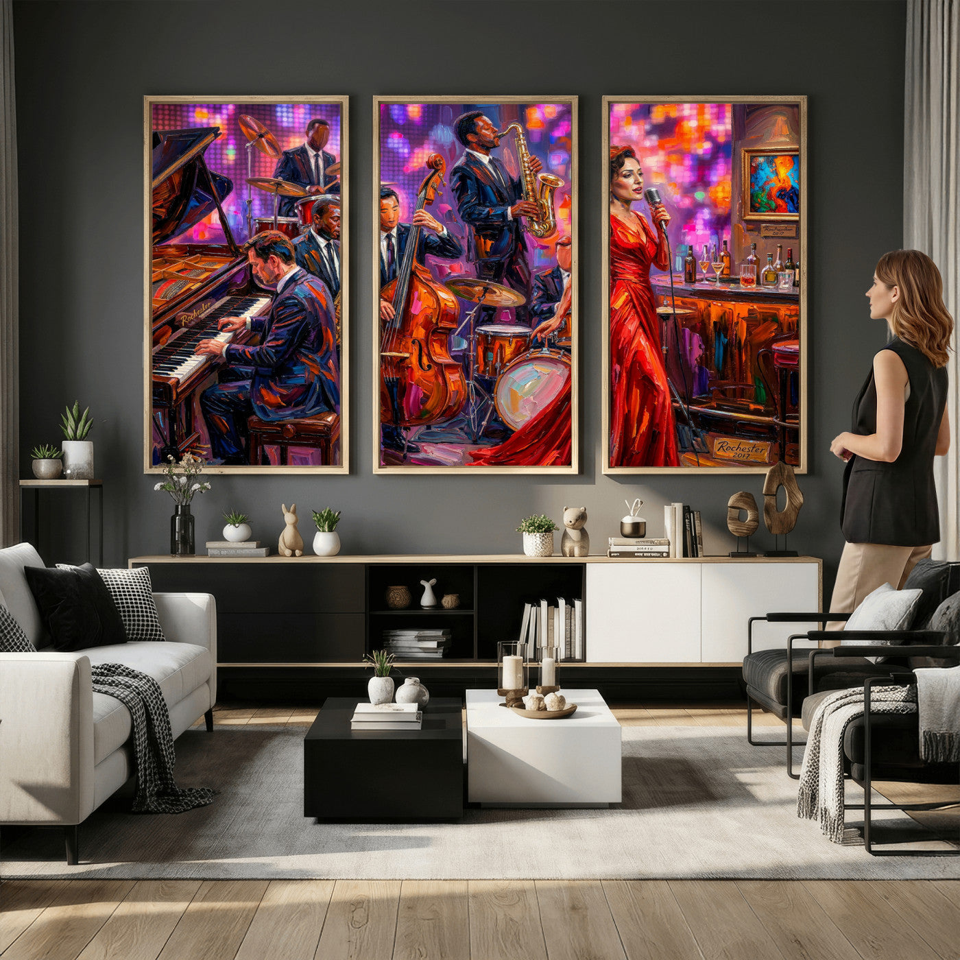 620930J20-MGV-CV-36X24 - Jazz Band Canvas Wall Art — Jazz Club Singer Saxophone Print | Music Wall Decor | Bar Restaurant Art | Music Lover Gift | Jazz Home Decor
