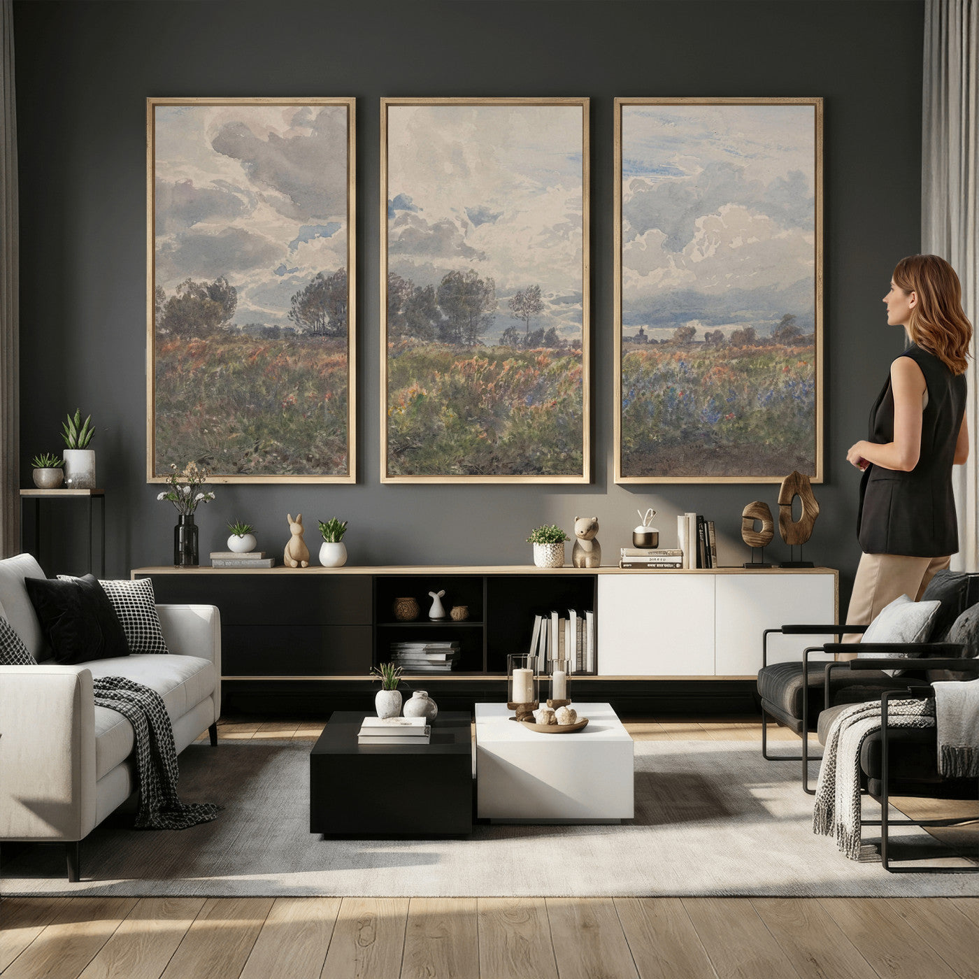 76626885-MGV-CV-36X24 - Vintage Watercolor Meadow Canvas Wall Art — English Pastoral Wildflower Storm Sky Print | Cottagecore Nature Decor | Classic Landscape Gift